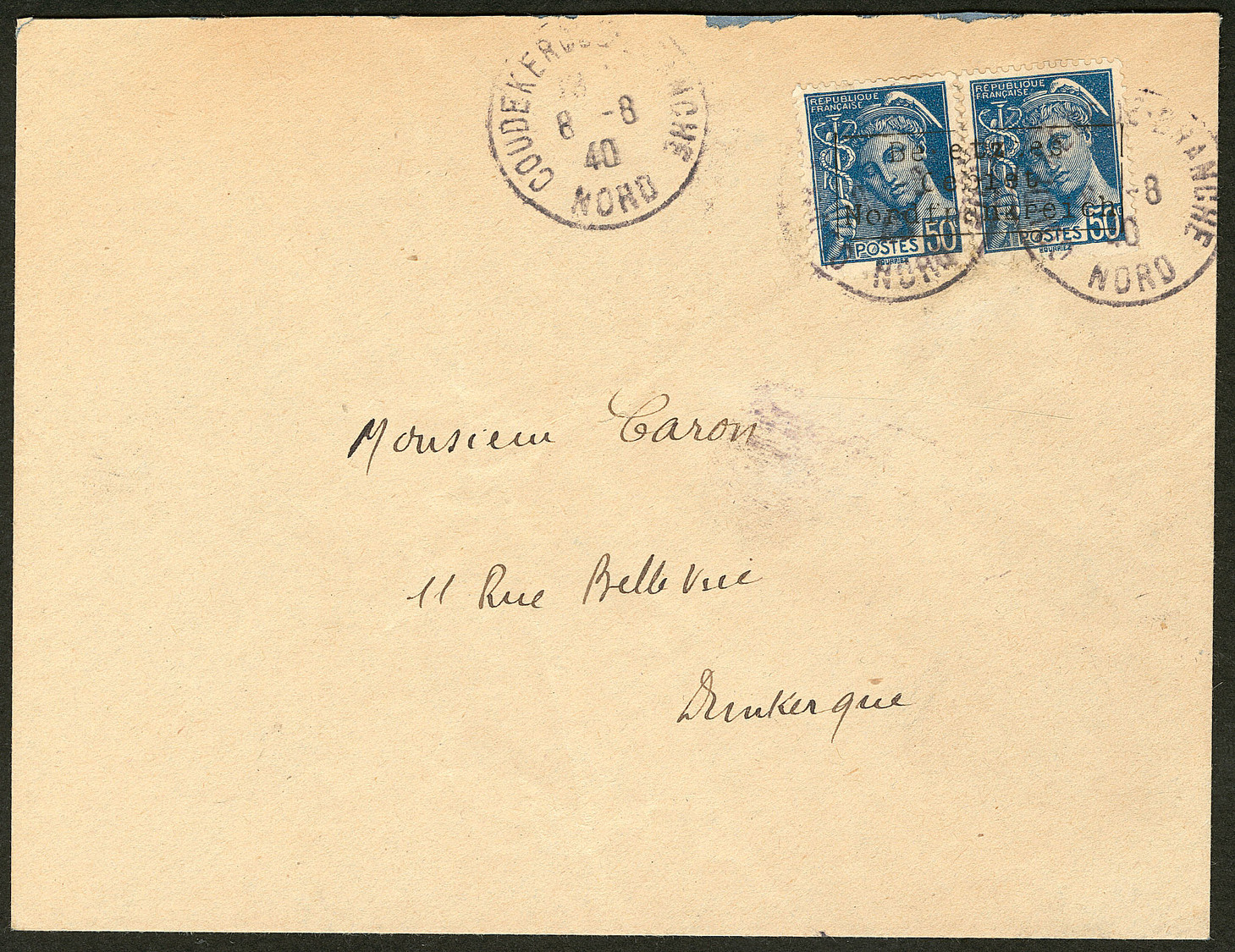 LETTRE Coudekerque. No 7 (Maury 9), Paire Horizontale (séparée) Sur Enveloppe Du 8.8.40. - TB - War Stamps