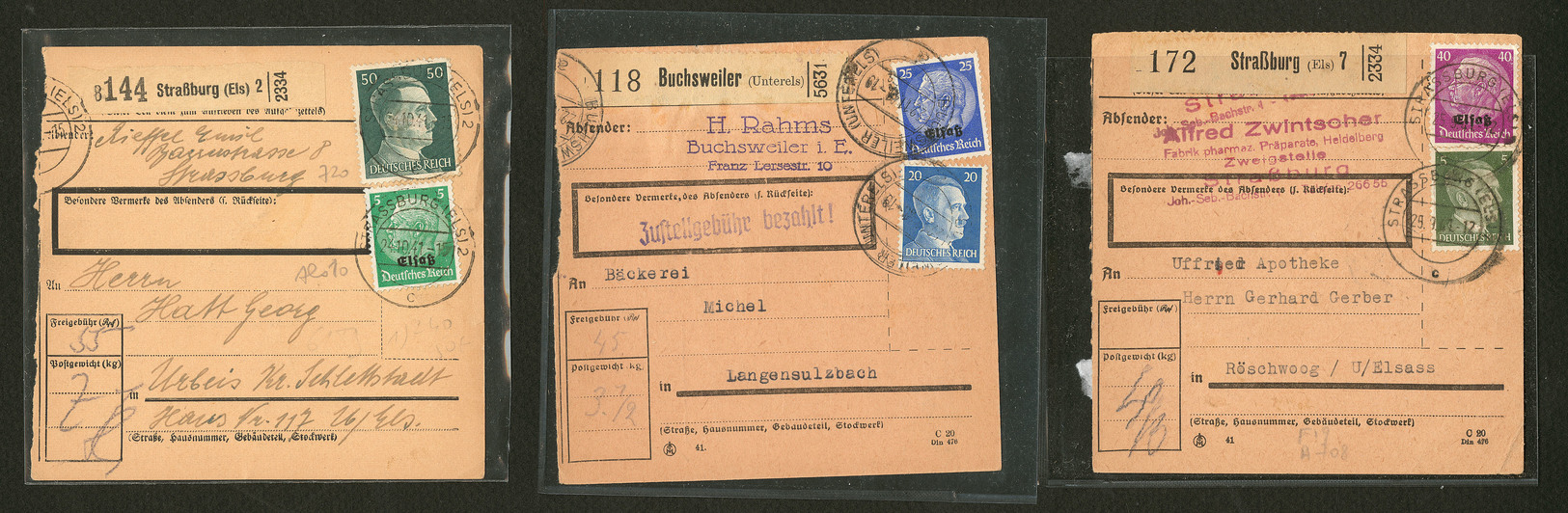 LETTRE ALSACE 1940. Colis Postaux. 3 Bulletins D'expédition Oct/Nov 41 Avec Afft Mixte All/Elsass. - TB - War Stamps