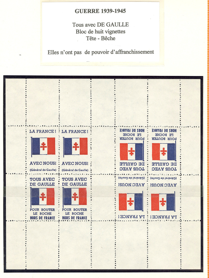 ** De Gaulle. Vignette "Il Faut Bouter Le Boche Hors De France", Feuille Complète De 4 Paires Tête-bêche. - TB - Liberation