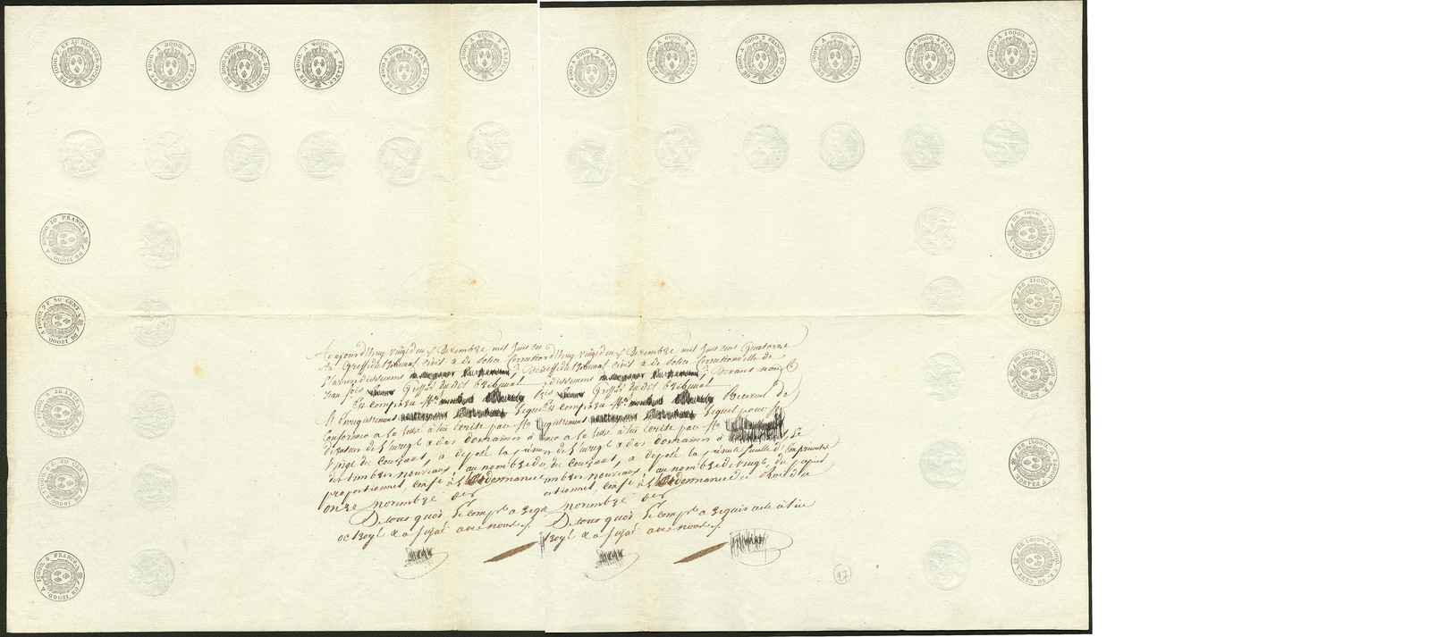 LETTRE Timbre Empreinte. 1814, 20 Valeurs Et 20 Cachets à Sec Sur Grand Document Du Greffe Du Tribunal. - TB - Other & Unclassified