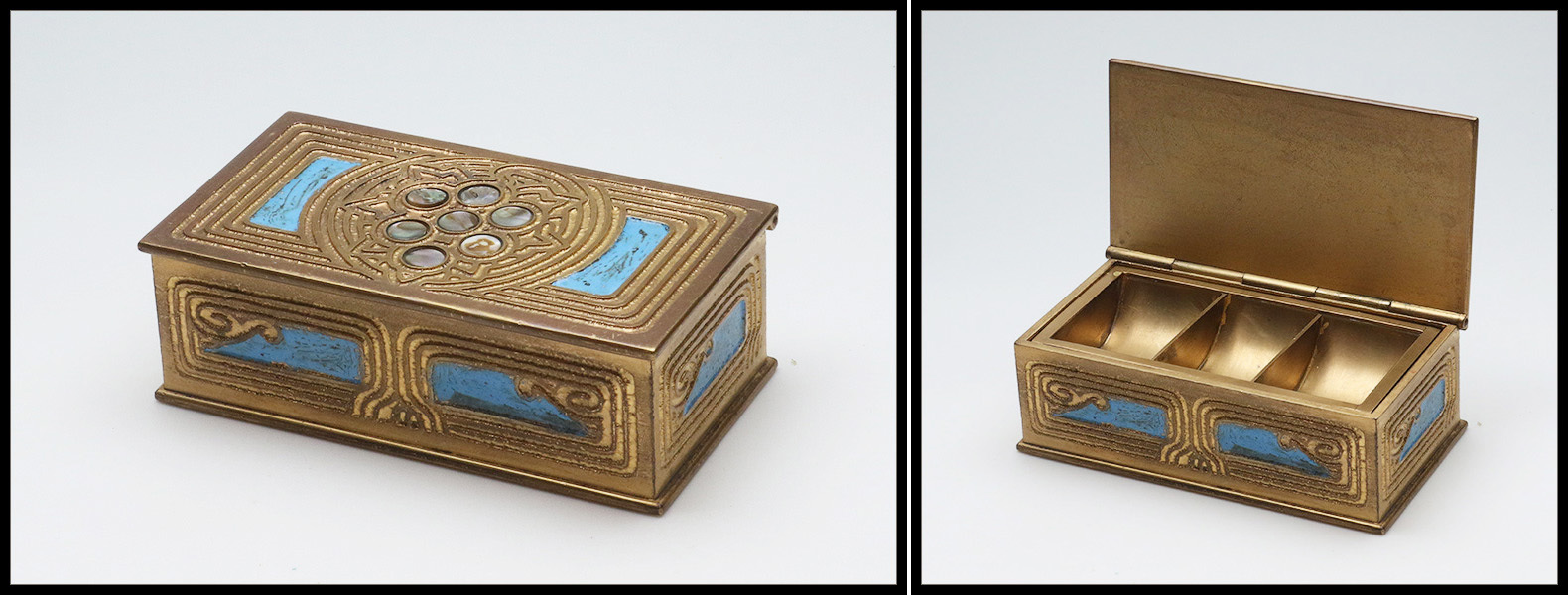 Boîte En Bronze Doré "Tiffany & Co N°1158" Avec Nacre Sur Couvercle, 3 Comp. Amovibles, 100x85x30mm. - TB. - R (cf Chris - Stamp Boxes
