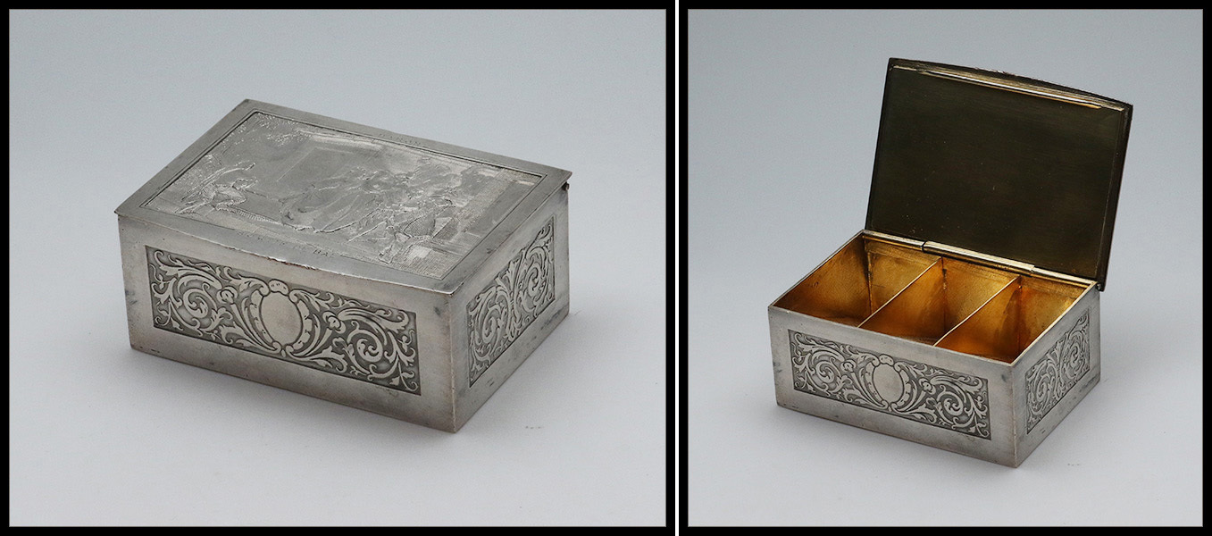 Boîte Métal Argenté, Intérieur Vermeil, Décor "Sortie De Bal" En Relief, 3 Comp., 75x50x33mm. - TB - Stamp Boxes
