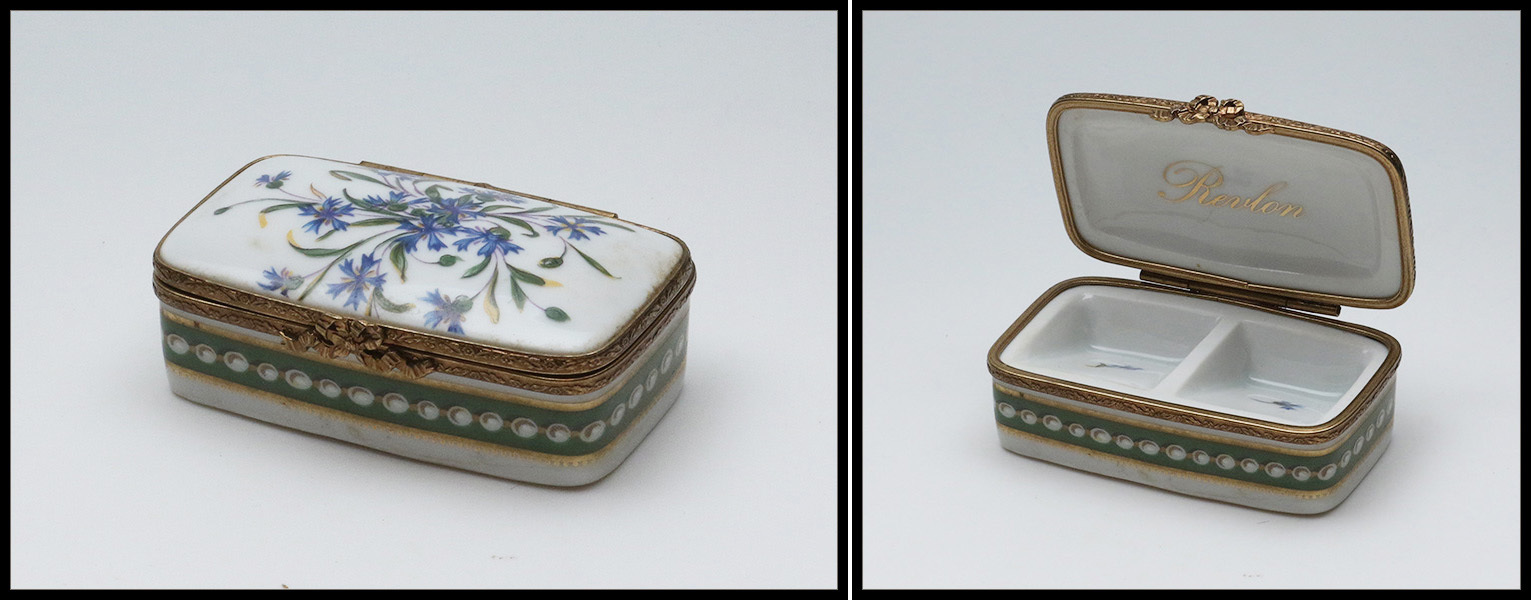 Boîte En Porcelaine De Limoges, Fin Décor De Fleurs, Peint Main, Marquée "Revelon", Cerclage Laiton Doré, 2 Comp., 70x40 - Stamp Boxes