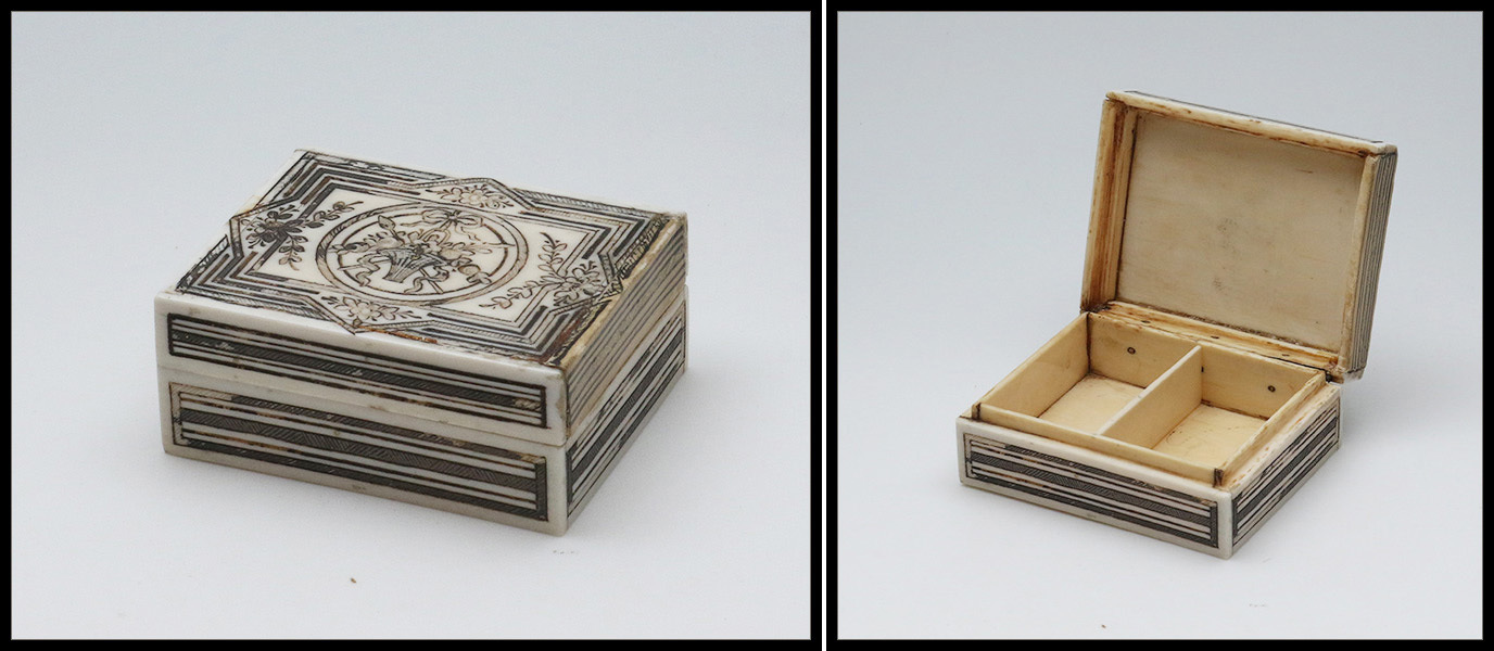 Boîte En Ivoire, Fin XIXe, Fin Décor Sur L'ensemble, 2 Comp., 63x50x27mm, Petite Réparation Sinon TB - Stamp Boxes