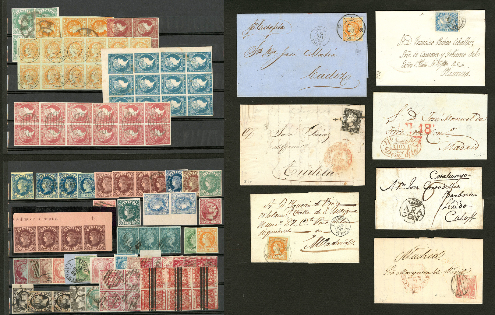 ESPAGNE. Lot. 1853-1864 (Poste), Valeurs, Nuances Et Obl Diverses Dont 7 Enveloppes, Qqs Blocs De Quatre Et 3 Blocs De D - Other & Unclassified
