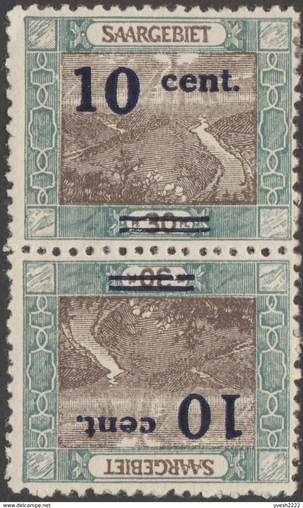 Sarre 1921. Y&T 57c, 57d & 71b. Paires Tête-bêche. Avec Et Sans Surcharge. Grande Boucle De La Sarre à Mettlach - Montagne