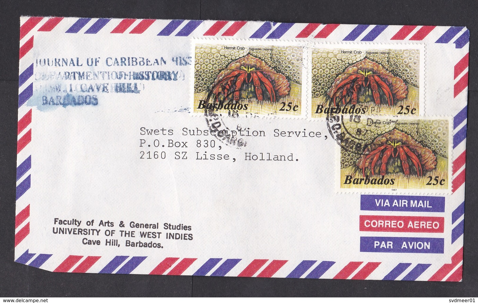 Barbados: Airmail Cover To Netherlands, 1987, 3 Stamps, Hermit Crab, Sea Life, Animal (minor Damage) - Barbados (1966-...)