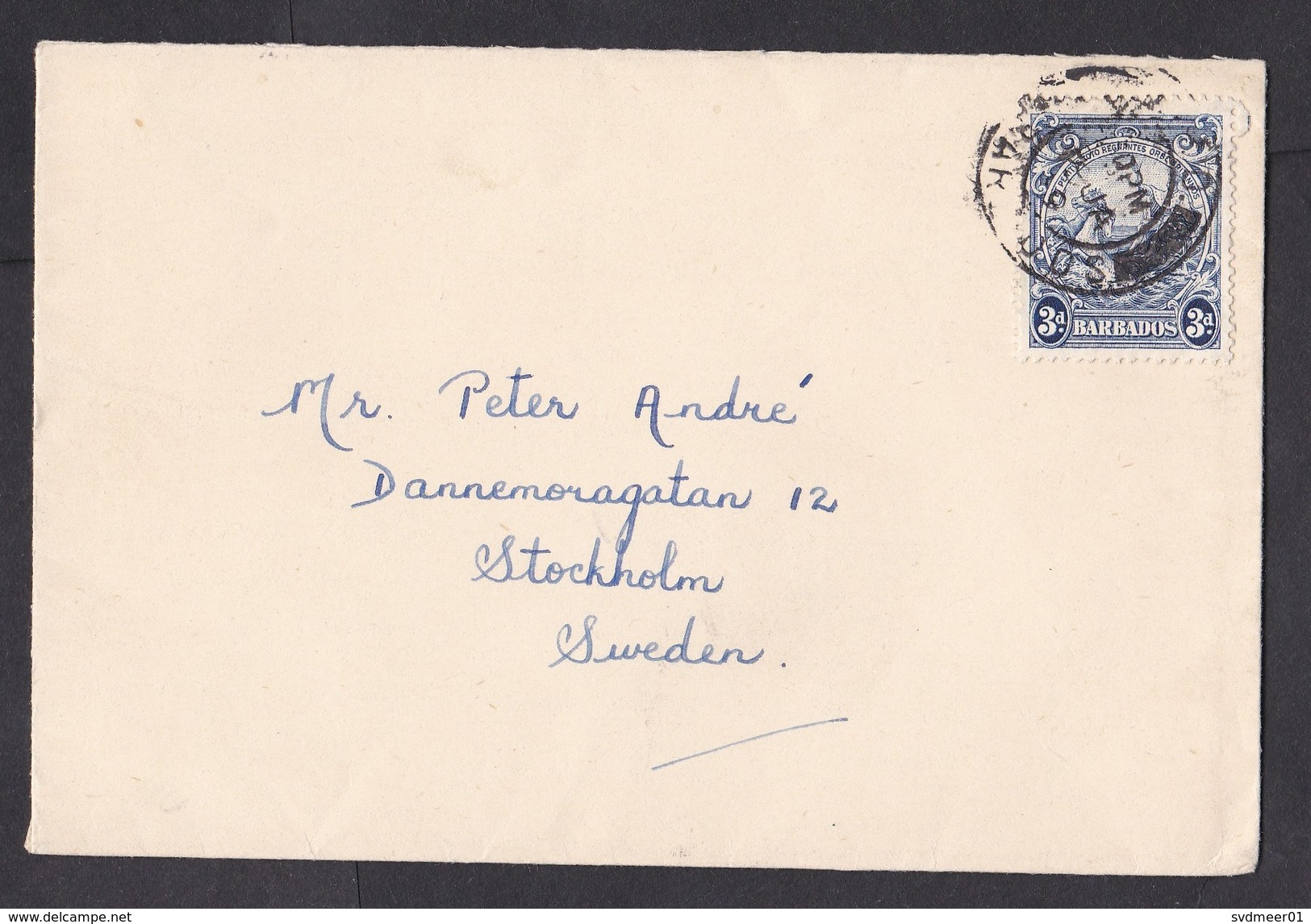 Barbados: Cover To Sweden, 1949, 1 Stamp, Horse, Mythology (traces Of Use) - Barbados (1966-...)