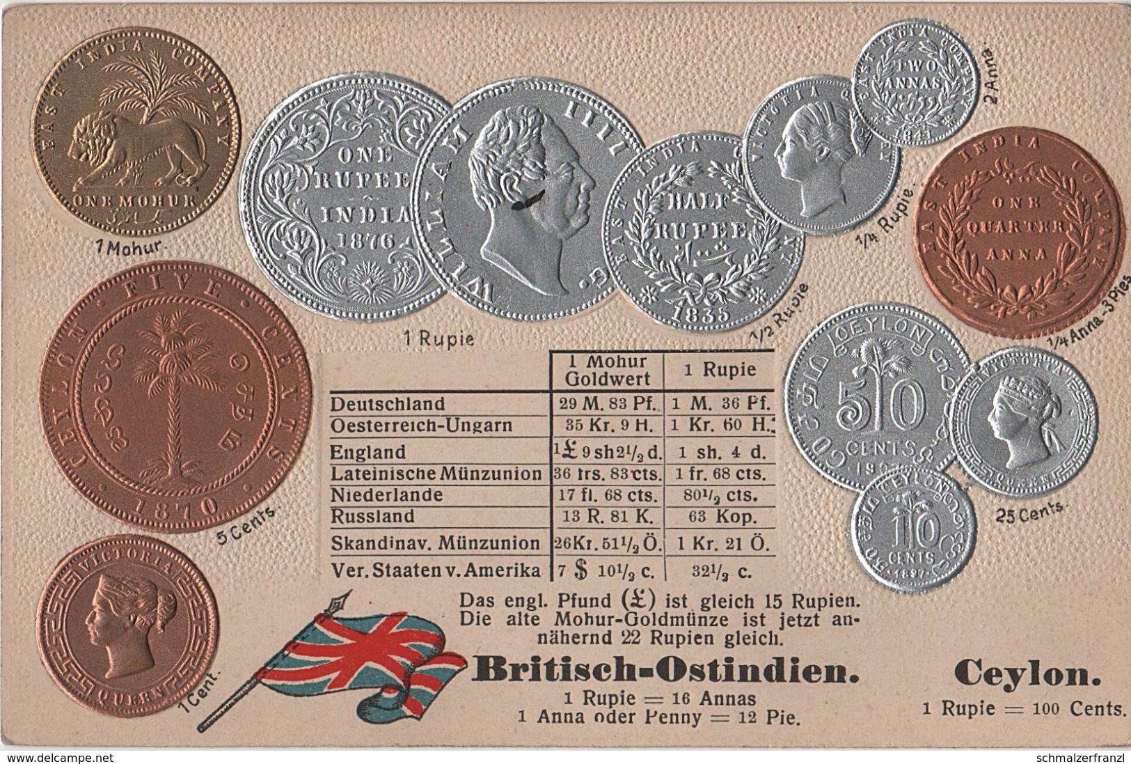 Litho Münzkarte AK Britisch Ostindien Indien Ceylon Sri Lanka British India Empire Colony Kolonie Asia Asie Coin Pièce - Sri Lanka (Ceylon)