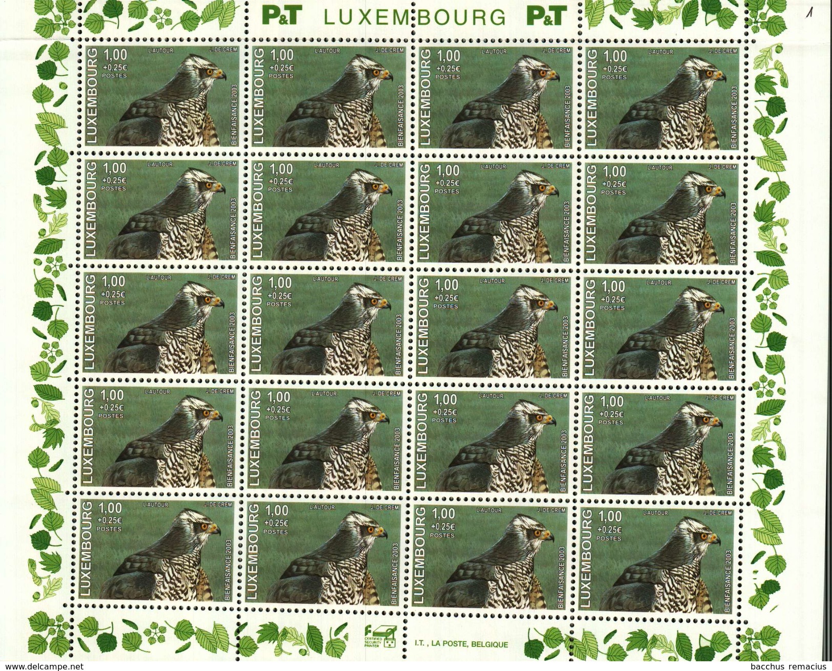 Luxembourg Feuille De 20 Timbres à 1+0,25 Euro  Vautour, Habicht, Hawk Timbre De Bienfaisance 2003 - Volledige Vellen