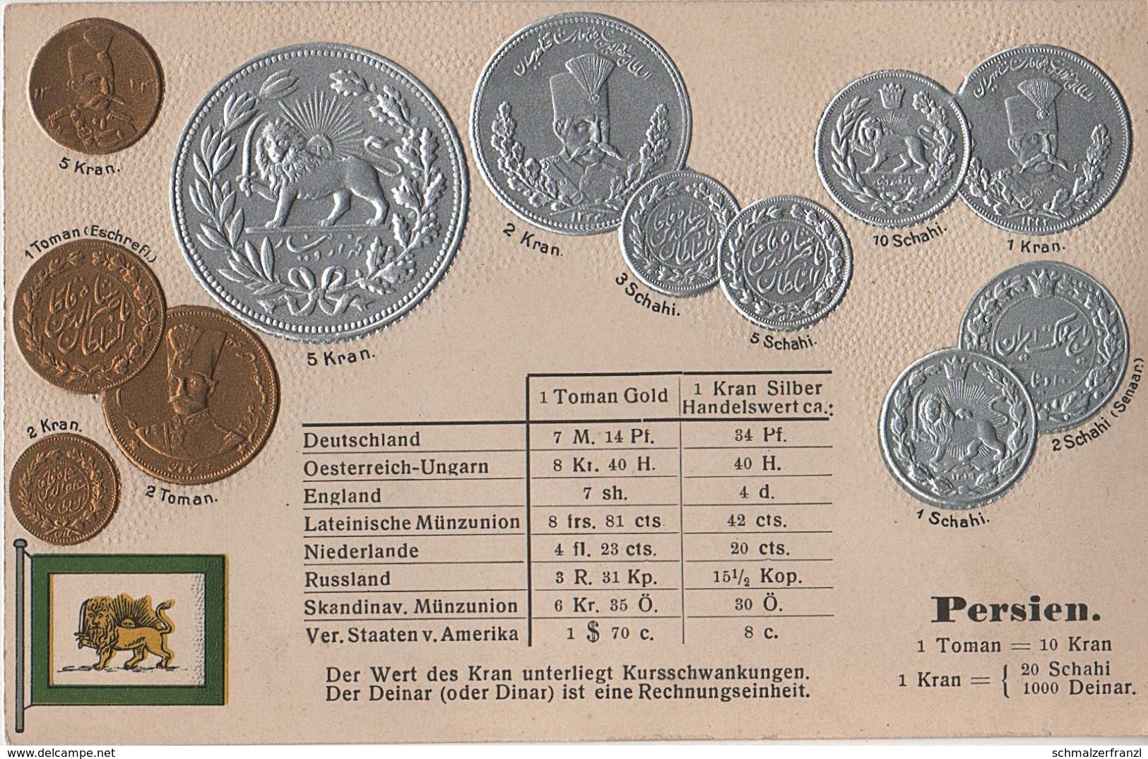 Litho Münzkarte AK Persien Iran Schahi Senaar Kran Toman Eschref Naser Ad Din Schah Reza Pahlavi Asia Asie Coin Pièce - Iran