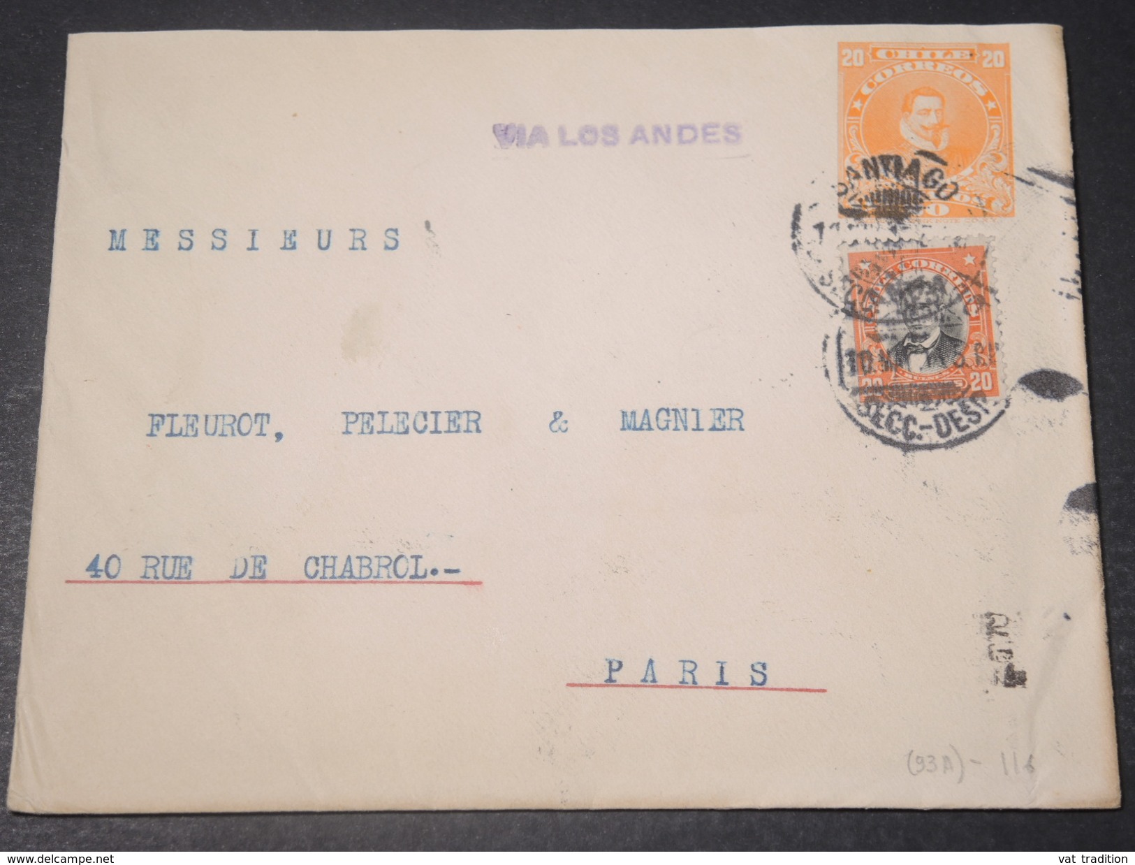 CHILI - Entier Postal + Complément De Santiago Pour La France En 1915 , Griffe "  Via Los Andes  " - L 11322 - Chile