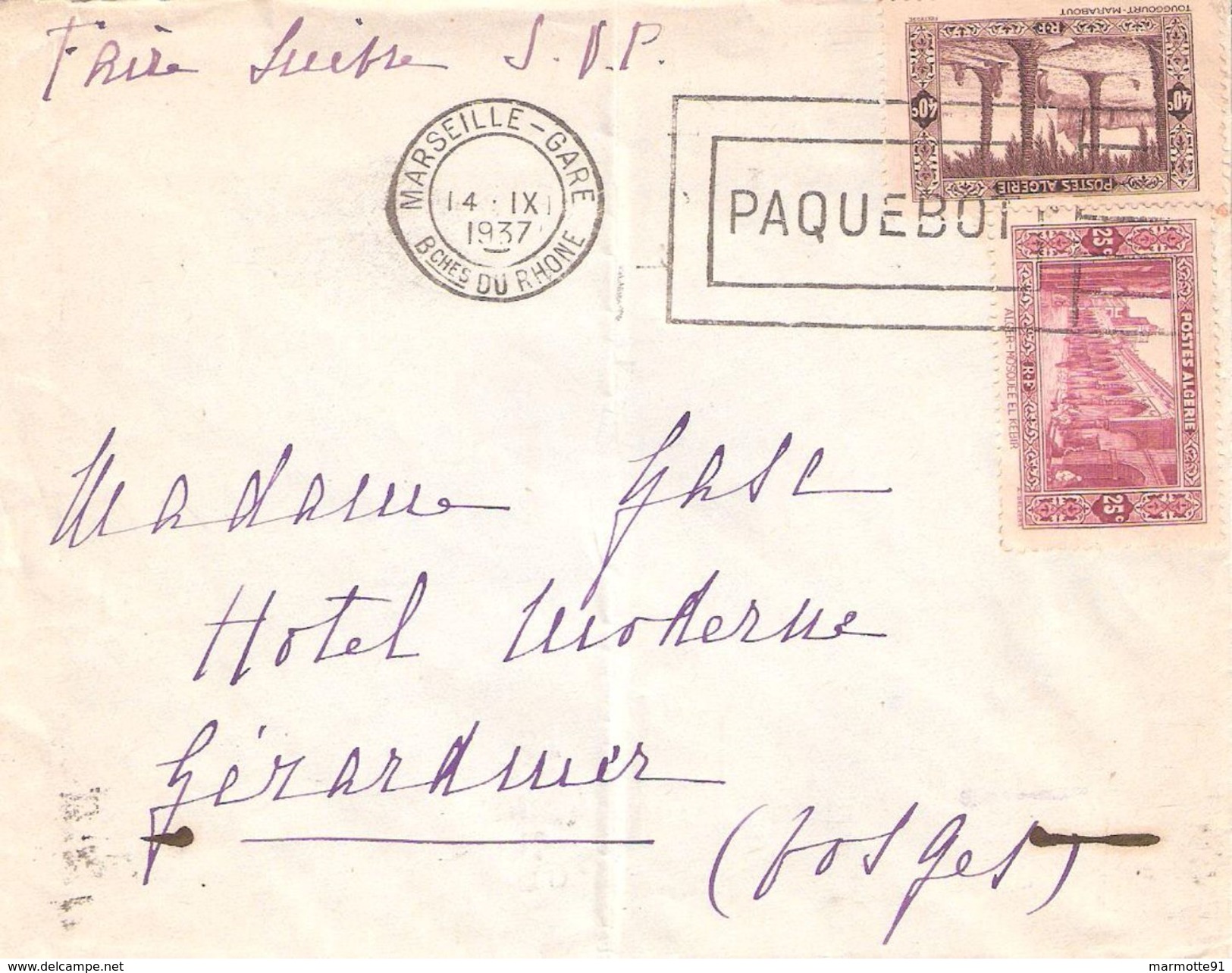 LETTRE ALGERIE 1937 CACHET PAQUEBOT - Briefe U. Dokumente