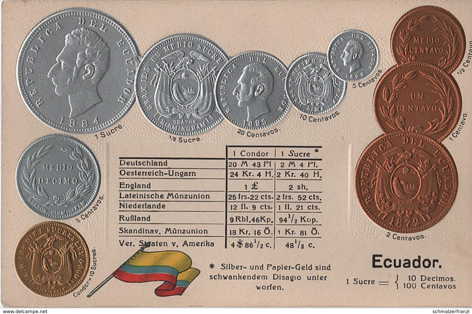 Litho Münzkarte AK Ecuador Ekuador Centavo Sucre Condor Nationalflagge Coin Pièce Moneda America De Sur Bandera Pabellon - Ecuador