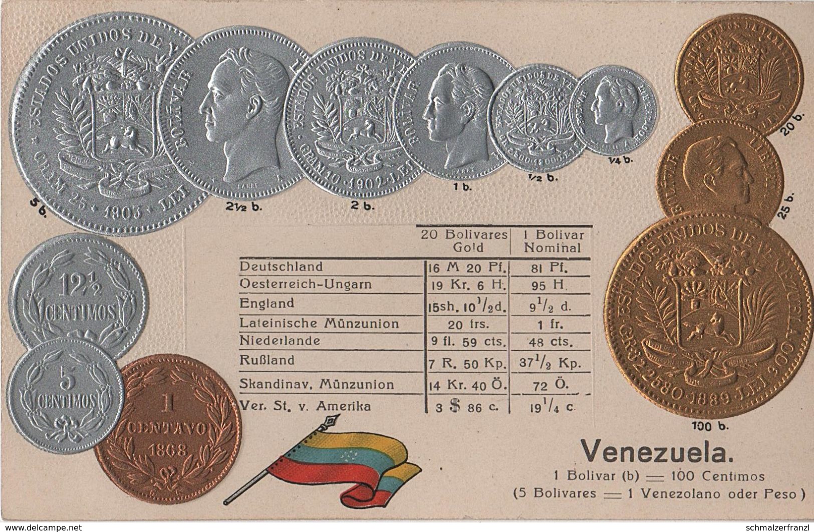 Litho Münzkarte AK Venezuela Centavo Bolivar Peso Nationalflagge Coin Pièce Moneda America Del Sur Bandera Pabellon - Venezuela