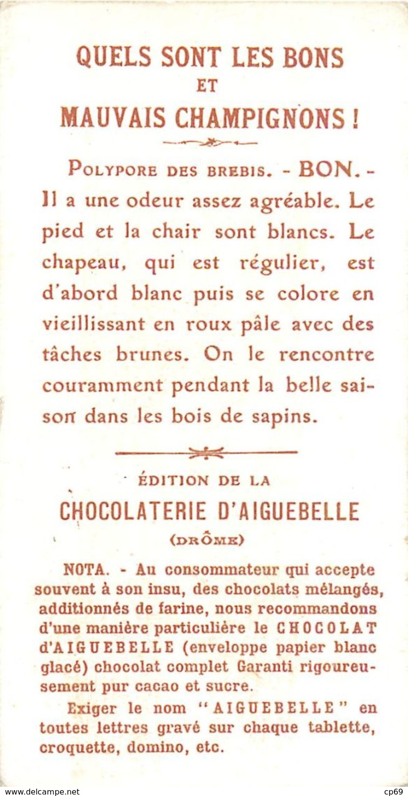 Chromo Chocolat D'Aiguebelle Champignons Polypore Des Brebis Bon Texte Au Dos - Aiguebelle