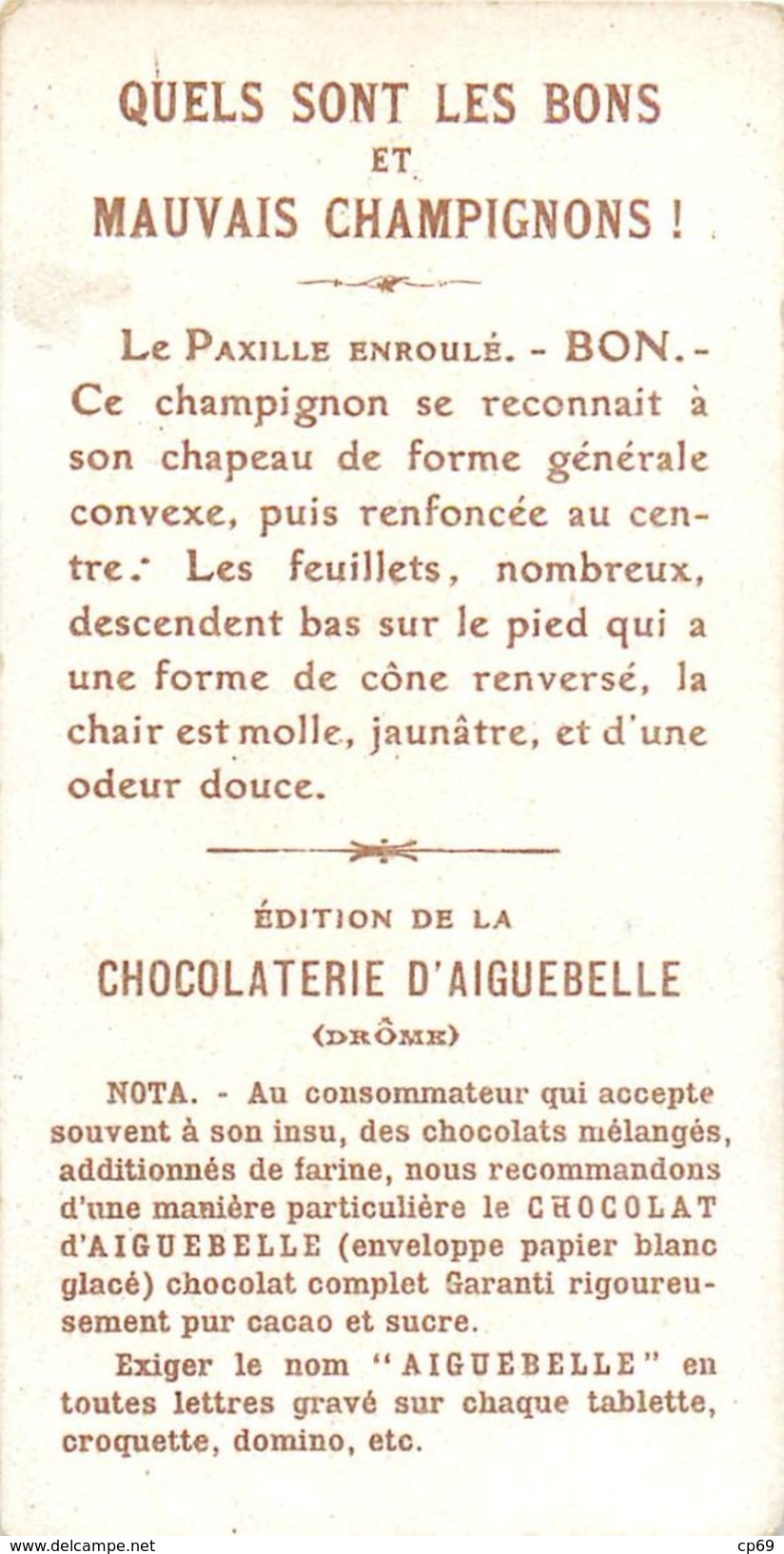 Chromo Chocolat D'Aiguebelle Champignons Le Paxille Enroulé Bon Texte Au Dos - Aiguebelle