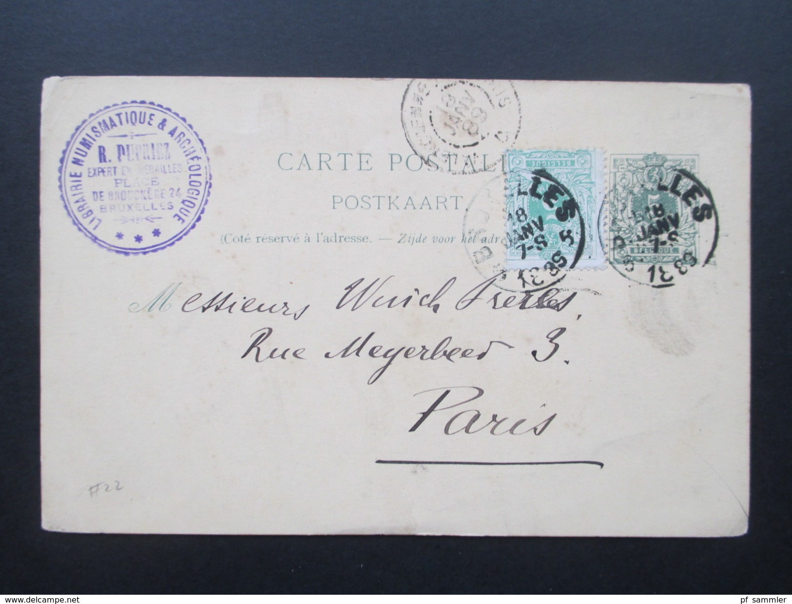 Belgien Ganzsache Mit Zusatzfrankatur Nach Paris. Librairie Numismatique & Archeologique R. Dupriez Bruxelles - Cartes Postales 1871-1909