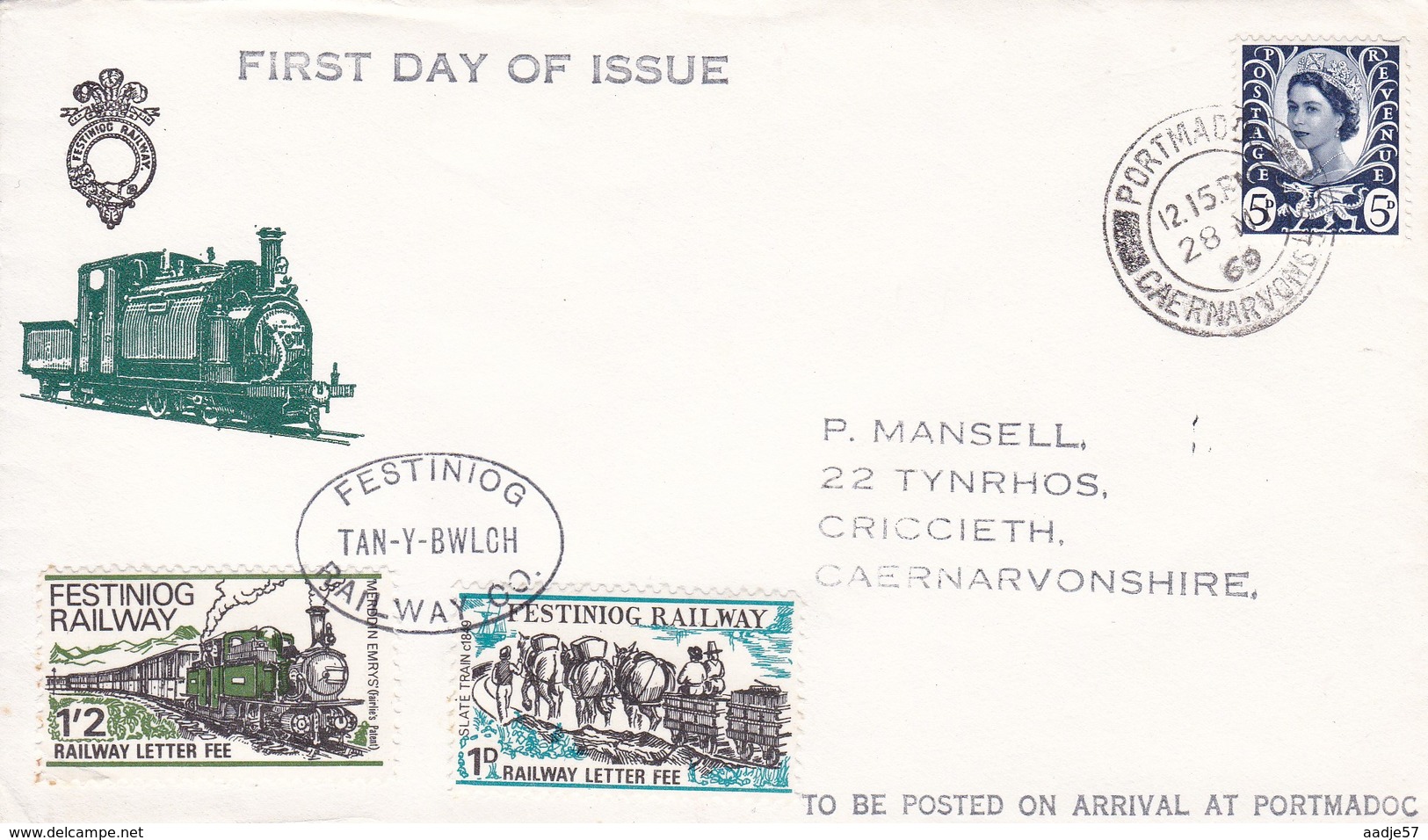 England Great Britain  Spec Canc FDC 28.05.1969 Festiniog Railway Co. Royame Uni Lettre Cachet A Date Et Vignettes - Treinen