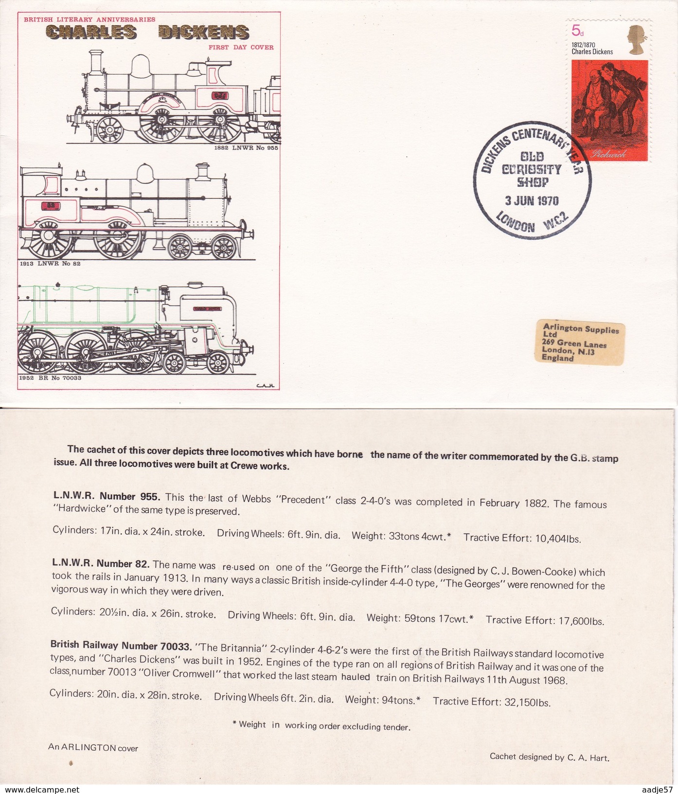 England Great Britain  Spec Canc  03.06.1970 Steam Locomotives - GB Cover Dickens Centenary - Trains