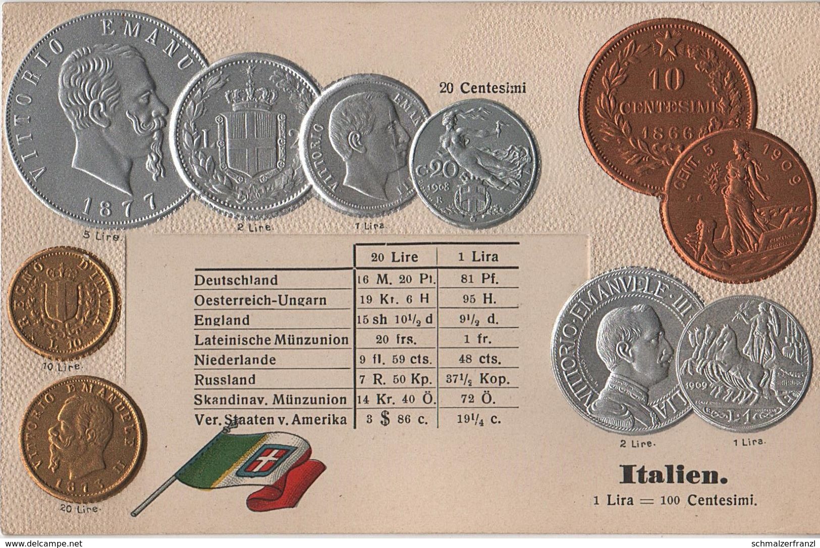 Litho Münzkarte AK Italien Italia Italy Italie Centesimi Lira Lire Nationalflagge Geld Münze Coin Pièce Moneta Money - Monete (rappresentazioni)