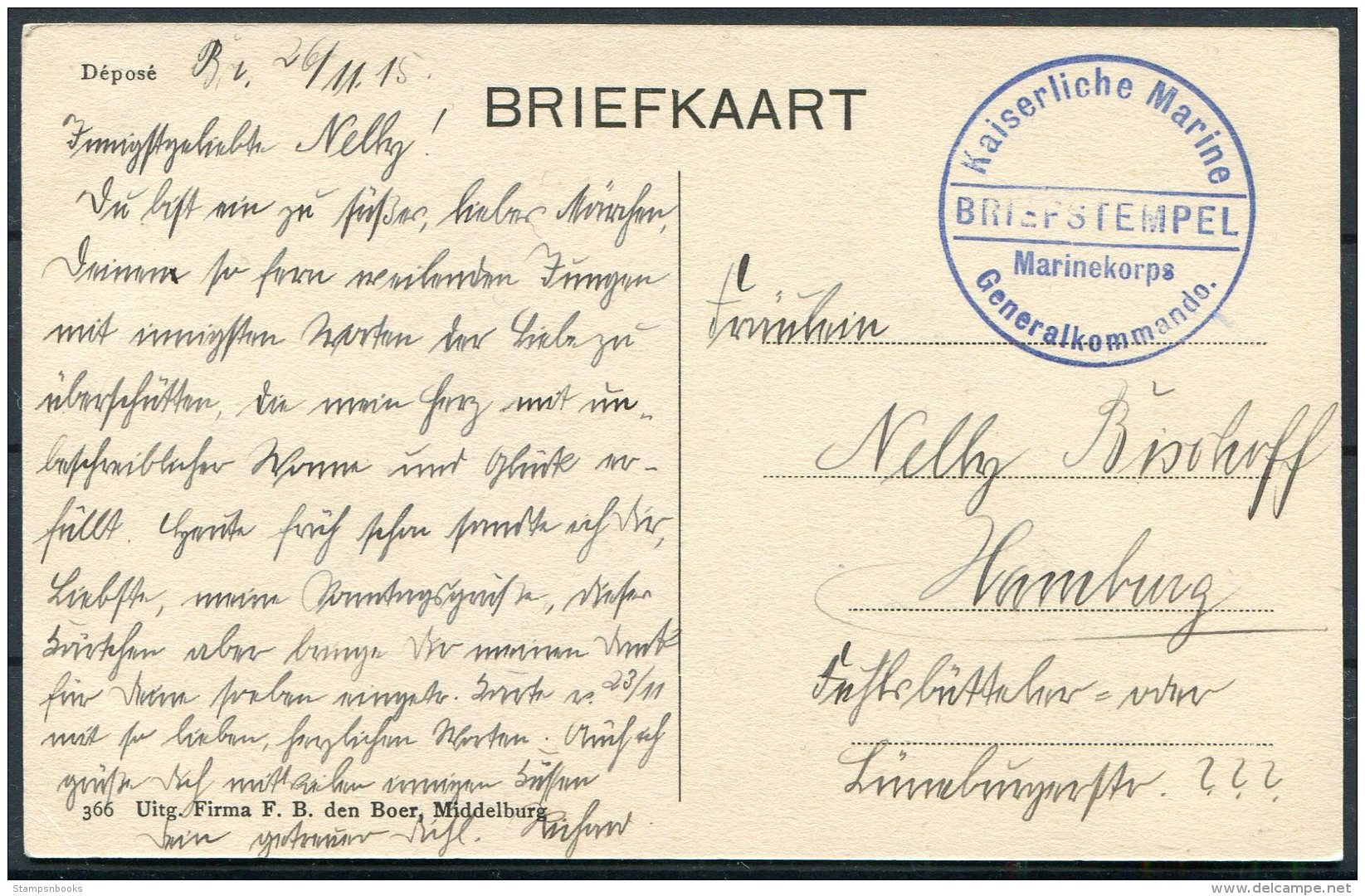 1915 Belgium WW1 Gemany Postcard K.D. Feldpost Marine Korps Fieldpost - Other & Unclassified