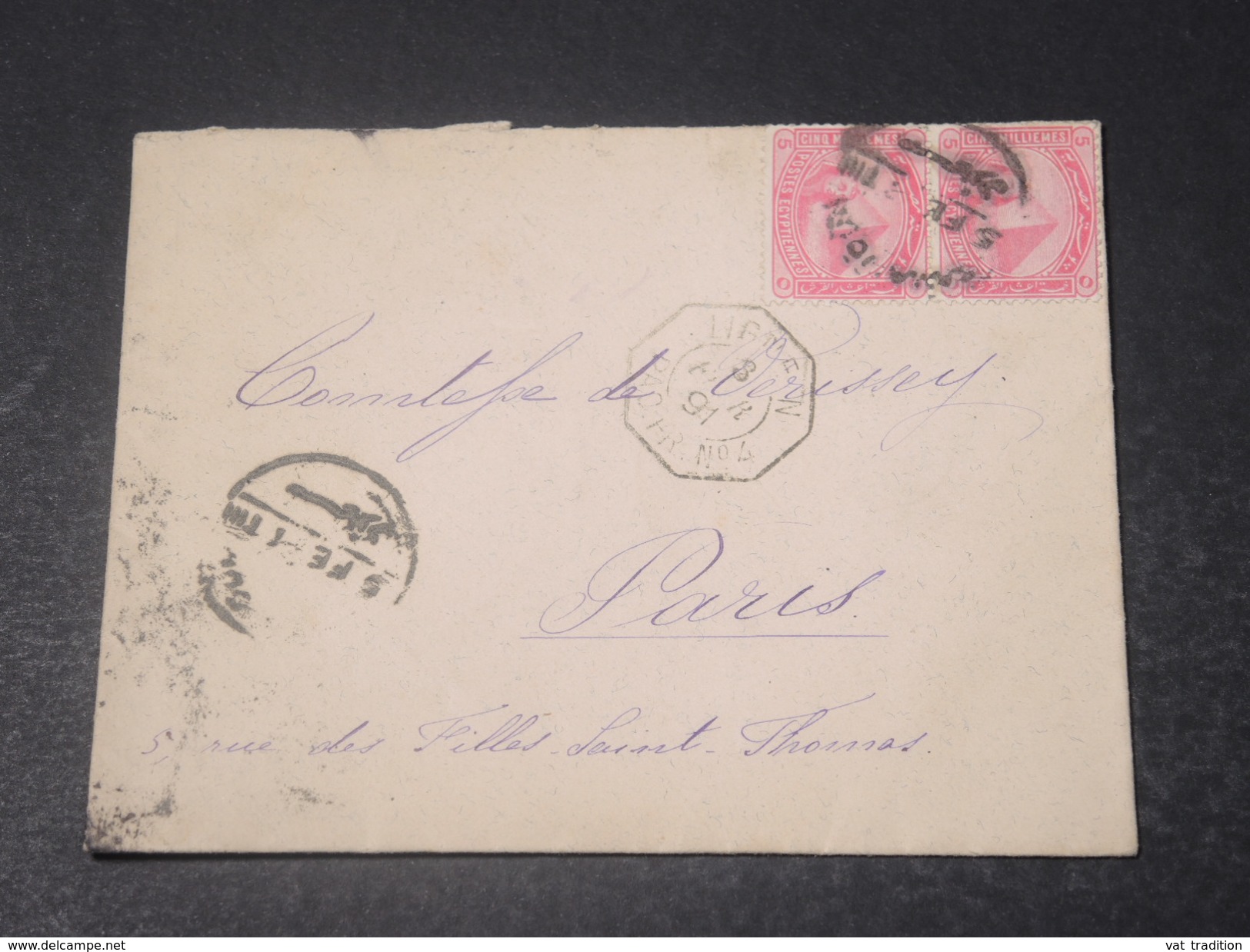 EGYPTE - Enveloppe Pour La France En 1891 , Cachet Ligne Bateau , Cachet D 'Alexandrie Au Verso - L 11338 - 1866-1914 Khédivat D'Égypte