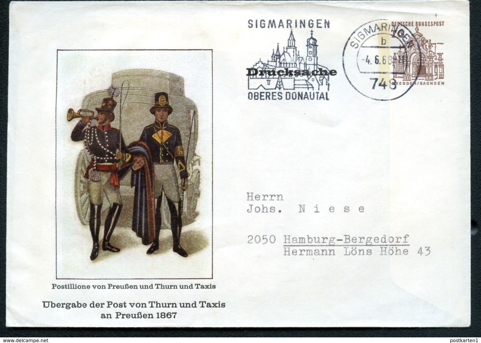 Bund PU23 B1/001b Privat-Umschlag POSTILLIONE Gebraucht Sigmaringen 1968  NGK 10,00€ - Enveloppes Privées - Oblitérées