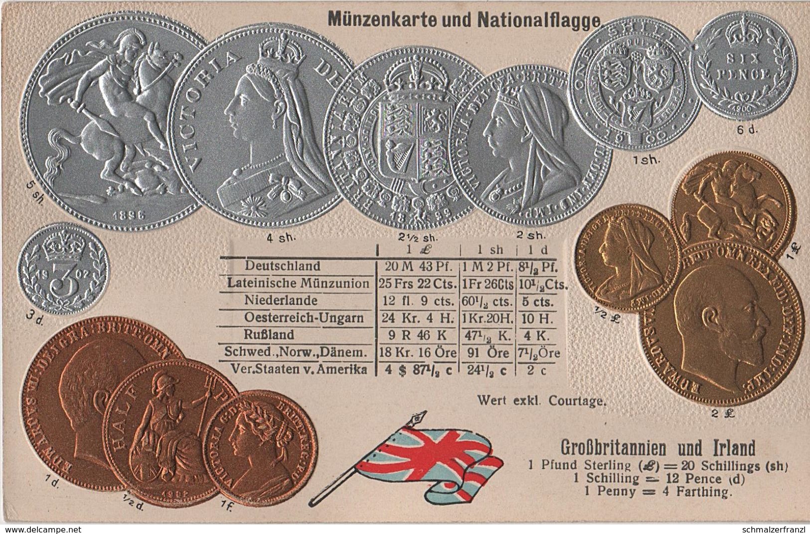 Litho Münzkarte AK Großbritannien Irland Great Britain Ireland Irlande Angleterre Eire Pound National Flag Coin Money - Monnaies (représentations)