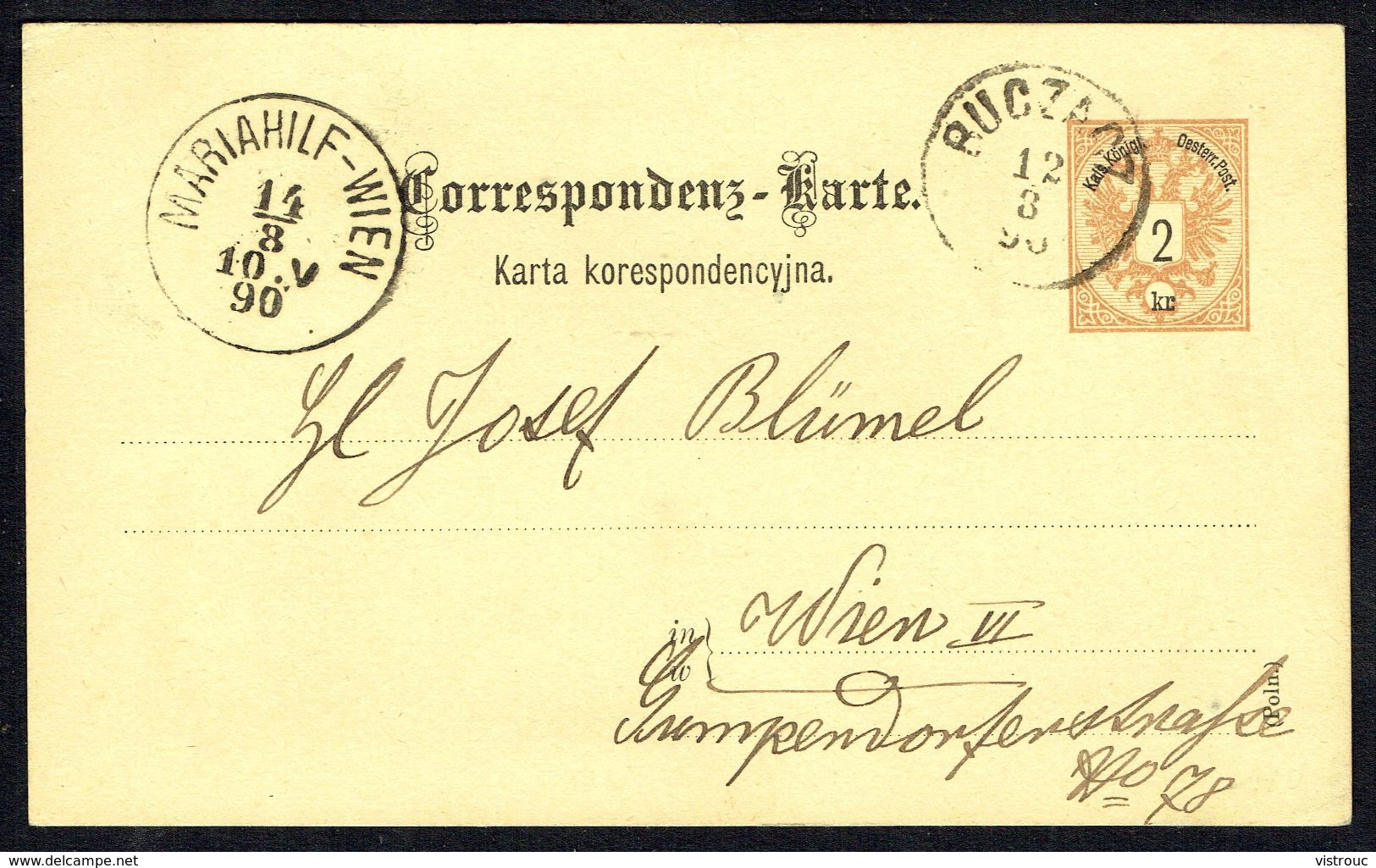 Correspondenz-Karte - MM N° 44, Aufdrückte Briefmark - Y & T N° 40 - BUCZACZ ( BOUTCHATSCH - UK) Nach WIEN - 12/8/1890. - Briefe U. Dokumente