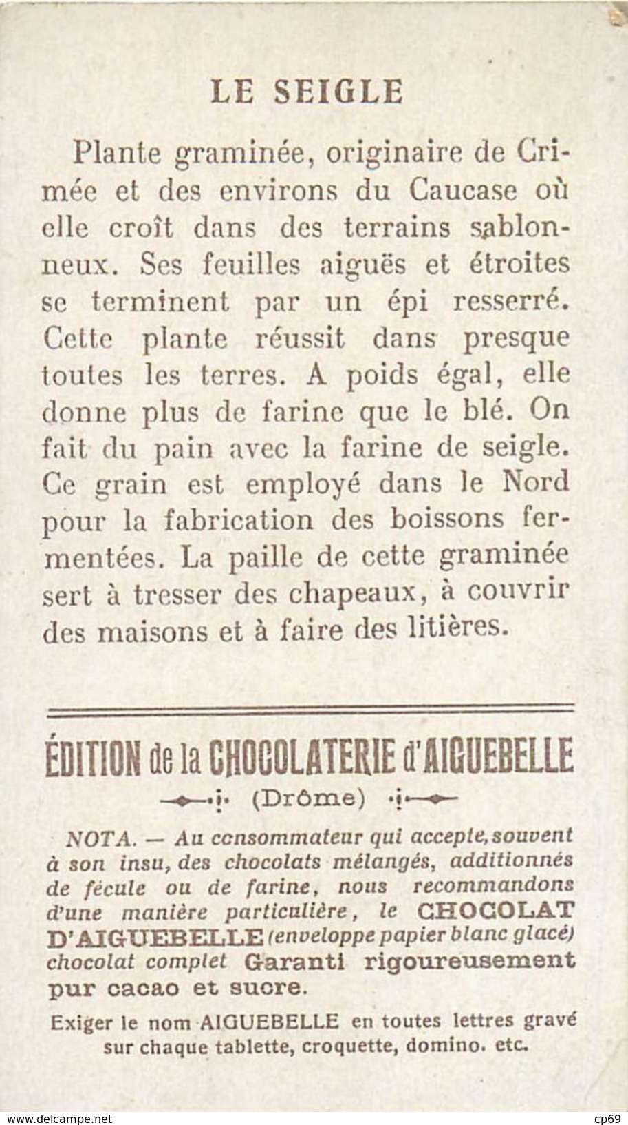 Chromo Chocolat D'Aiguebelle Les Bons Grains Le Seigle Texte Au Dos - Aiguebelle