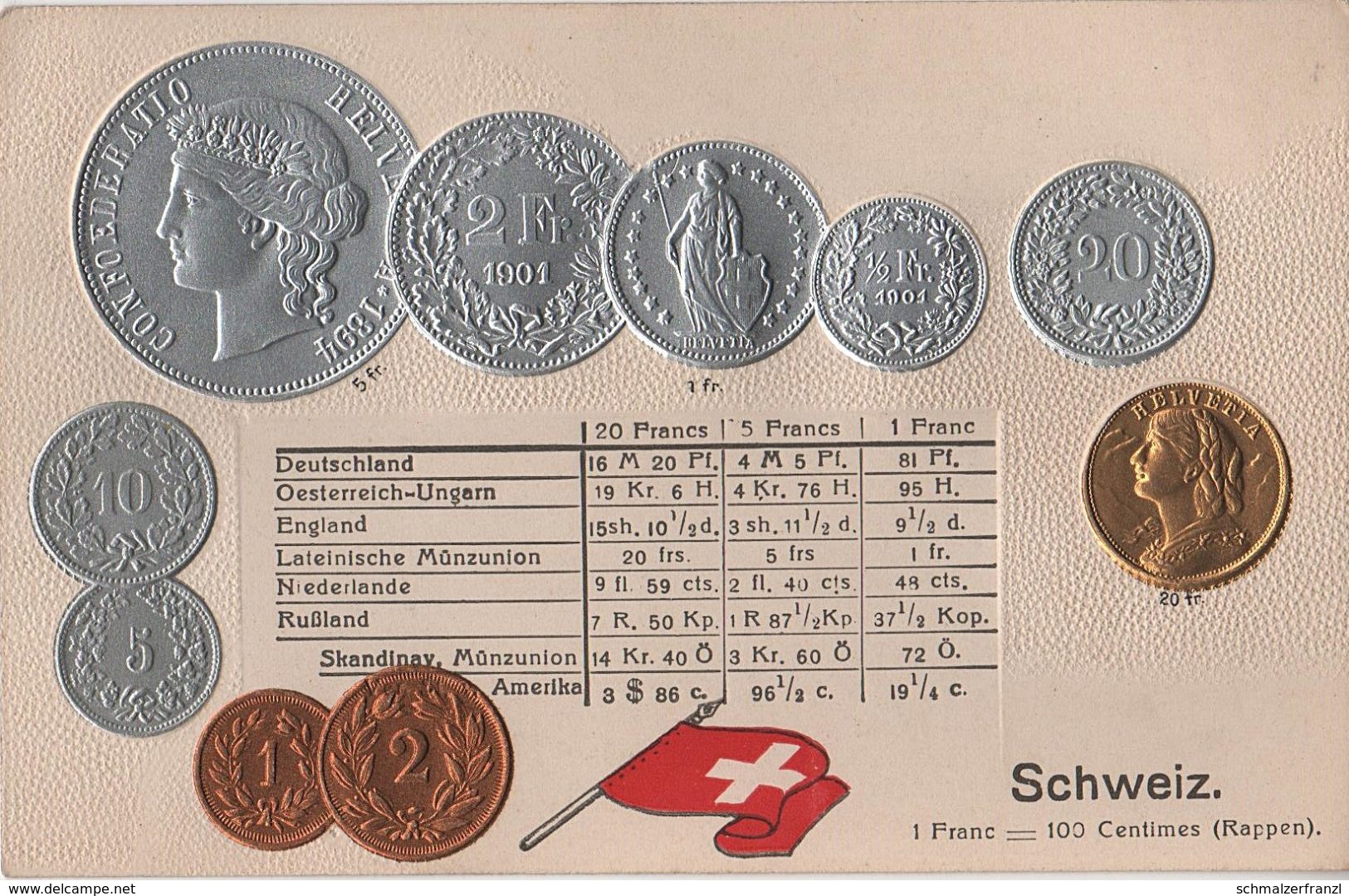 Litho Münzkarte AK Schweiz Suisse Switzerland Rappen Franc Schweizer Franken Nationalflagge Geld Münze Coin Money Pièce - Monedas (representaciones)