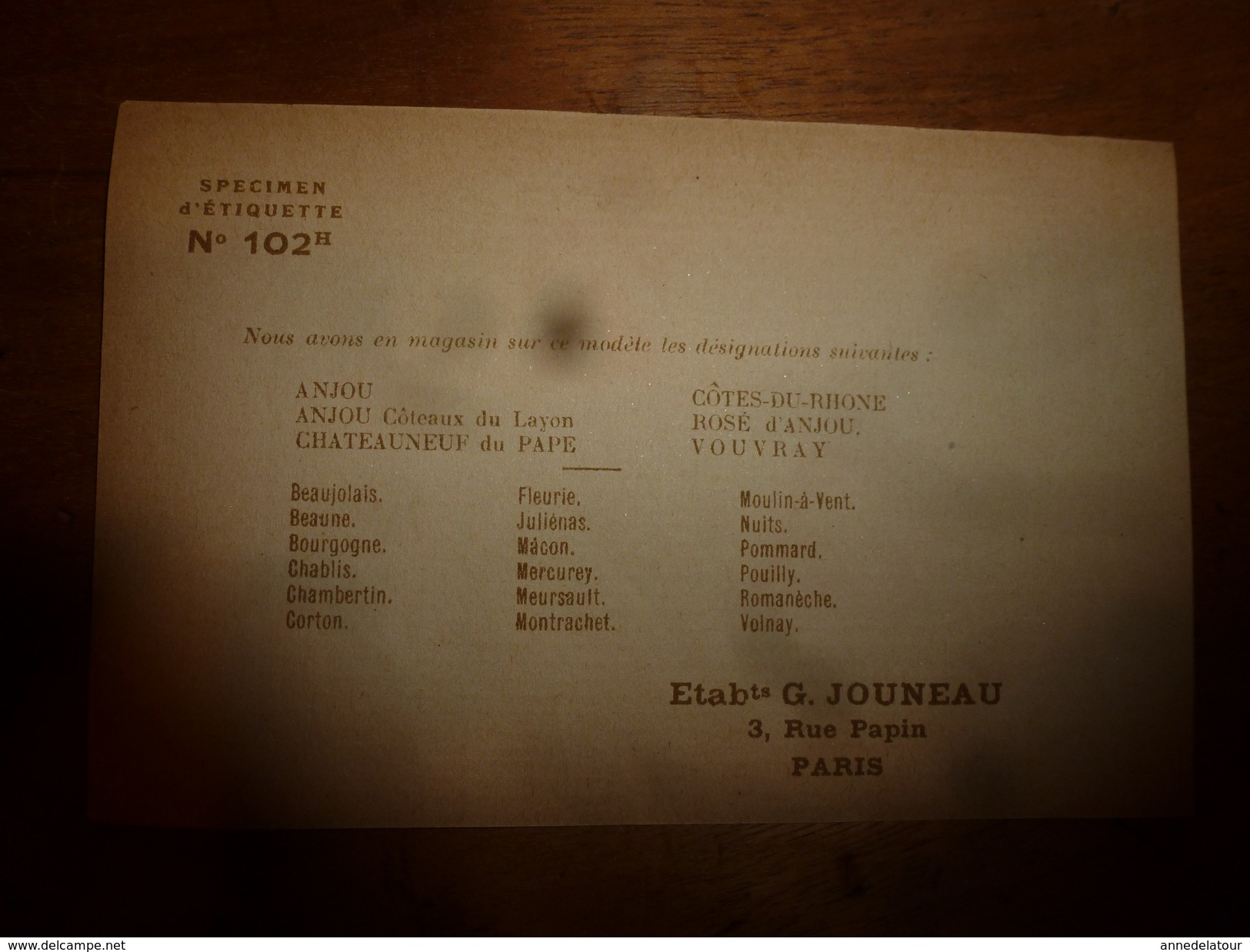 1920 ? Spécimen étiquette De Vin  ANJOU Coteaux Du Layon  N° 102 H, Déposé,  Imprimerie G.Jouneau  3 Rue Papin à Paris - Rouges