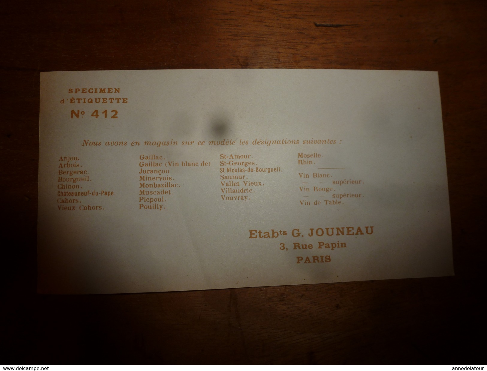 1920 ? Spécimen étiquette De Vin  BERGERAC,   N° 412, Déposé,  Imprimerie G.Jouneau  3 Rue Papin à Paris - Autres & Non Classés