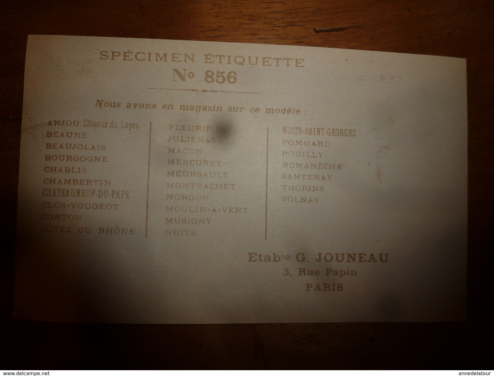 1920 ? Spécimen étiquette De Vin  CÔTES Du RHÔNE,   N° 856, Déposé,  Imprimerie G.Jouneau  3 Rue Papin à Paris - Autres & Non Classés