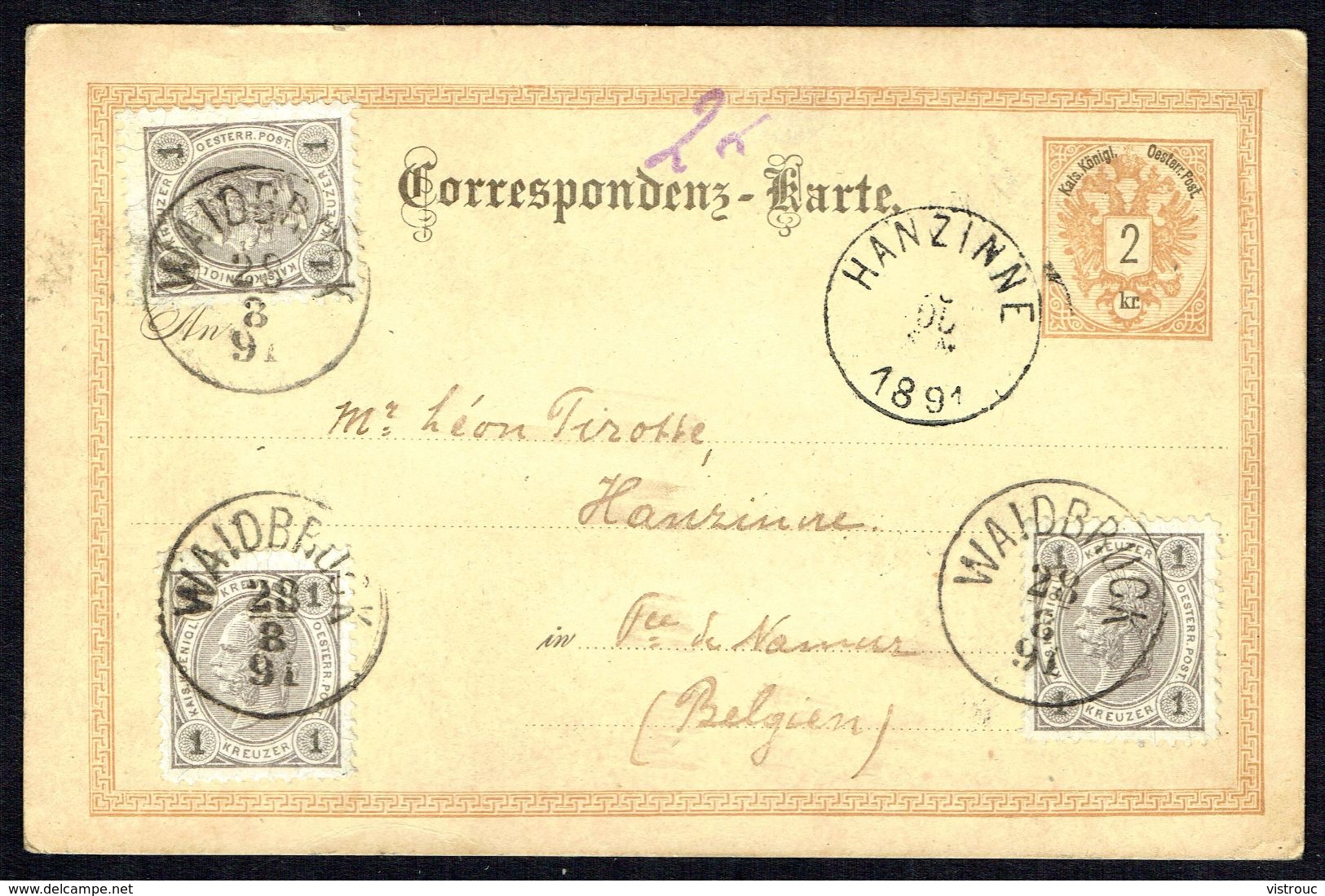 Correspondenz-Karte - MM N° 50 X3 + N° 44, Aufdrückte Briefmark - Y & T N° 40 - WAIDBRUCK Nach HANZINNE (BE) - 23/8/1891 - Briefe U. Dokumente