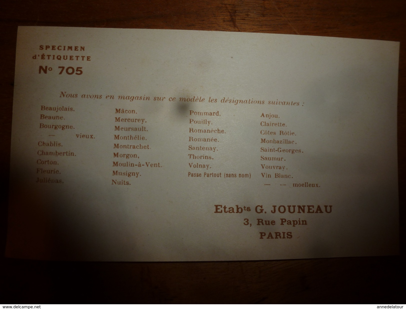 1920 ? Spécimen étiquette De Vin  MONBAZILLAC ,   N° 705 , Déposé,  Imprimerie G.Jouneau  3 Rue Papin à Paris - Autres & Non Classés