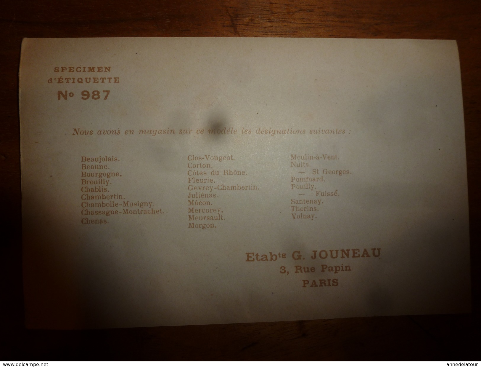 1920 ? Spécimen étiquette De Vin  CÔTES Du RHÔNE ,   N° 987, Déposé,  Imprimerie G.Jouneau  3 Rue Papin à Paris - Ponts