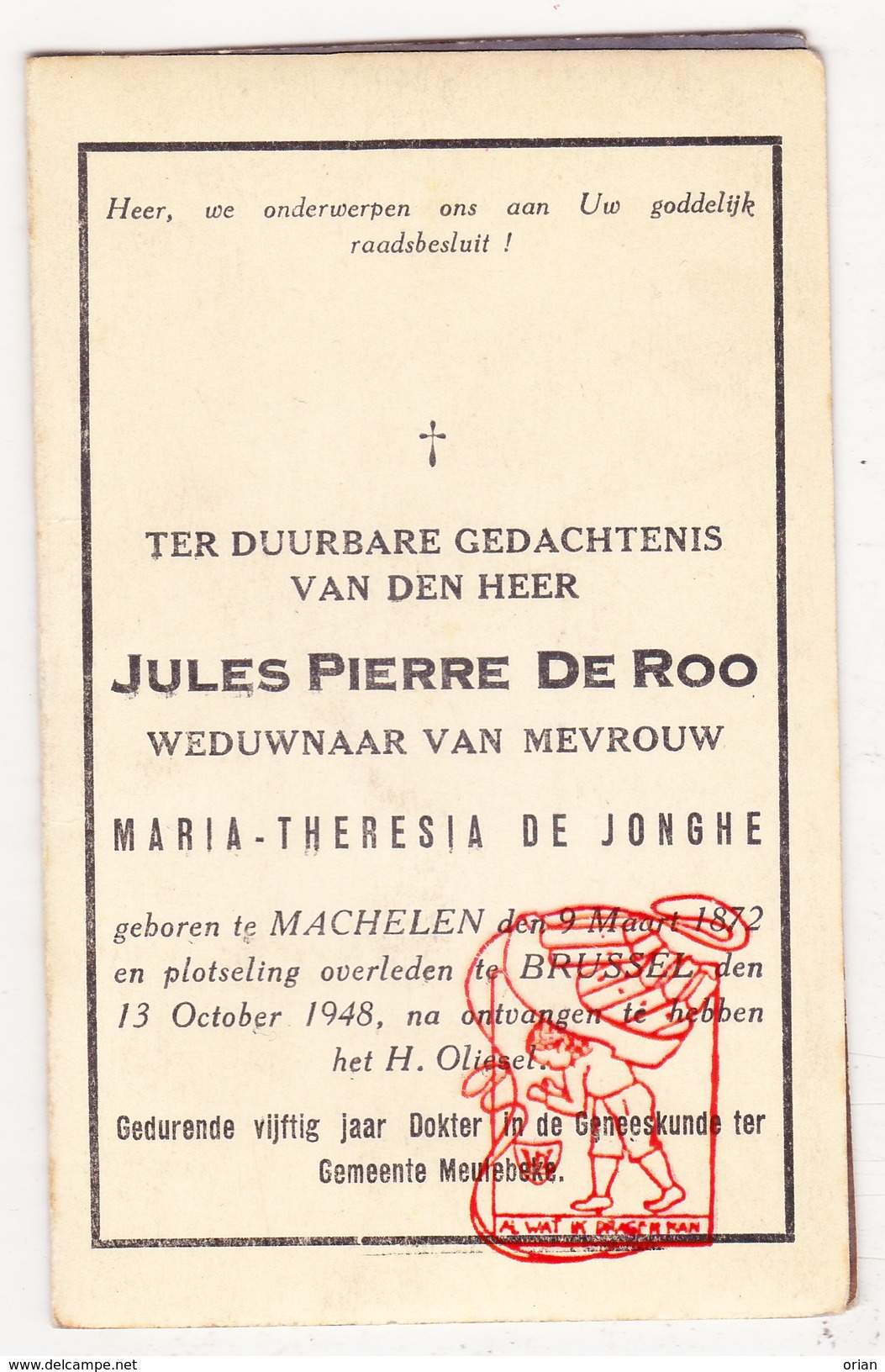 DP Foto Dokter Jules P. De Roo ° Machelen 1872 † Brussel 1948 X M.-Th. De Jonghe / Meulebeke - Images Religieuses