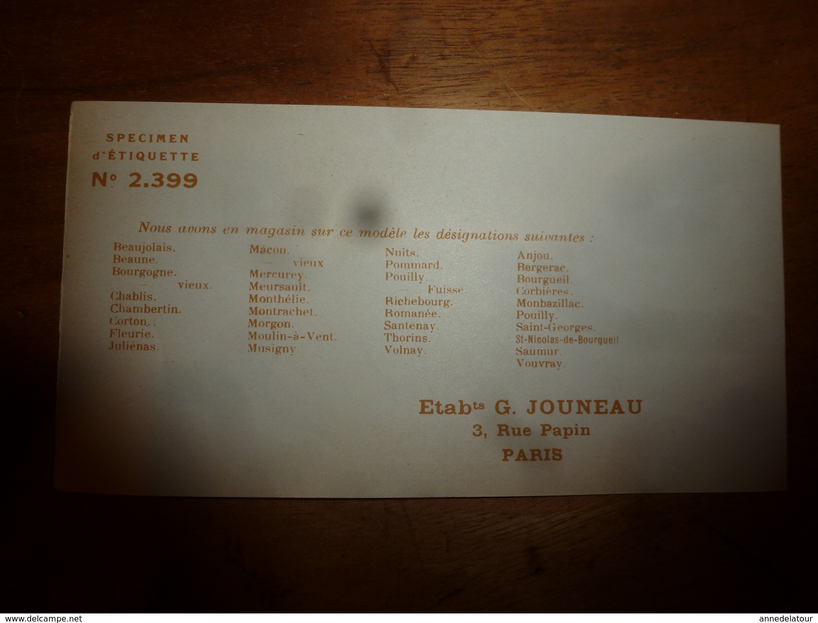 1920 ? Spécimen étiquette De Vin  CORBIERES ,   N° 2399, Déposé,  Imprimerie G.Jouneau  3 Rue Papin à Paris - Blancs