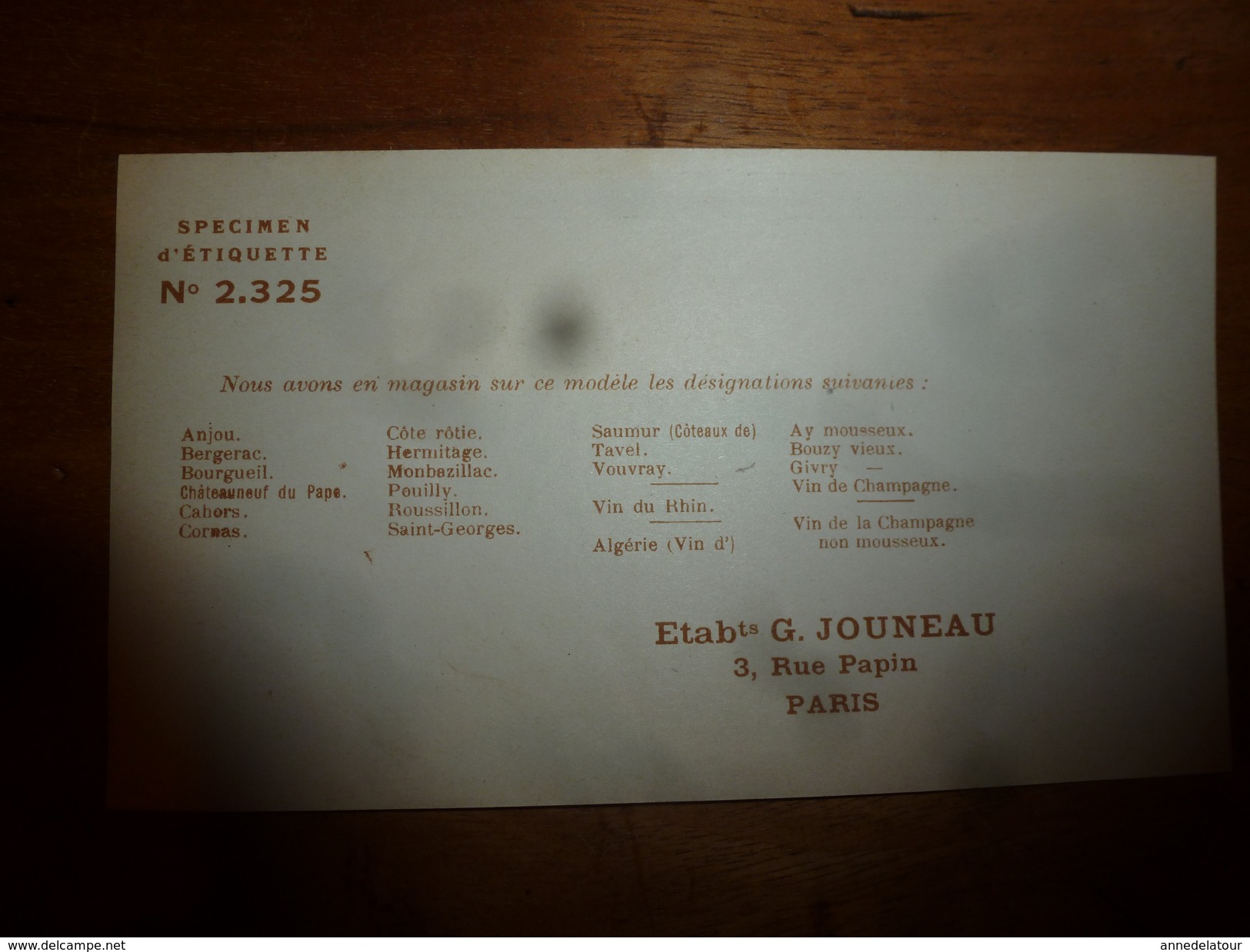 1920 ? Spécimen étiquette De Vin  TAVEL ,   N° 2325, Déposé,  Imprimerie G.Jouneau  3 Rue Papin à Paris - Witte Wijn