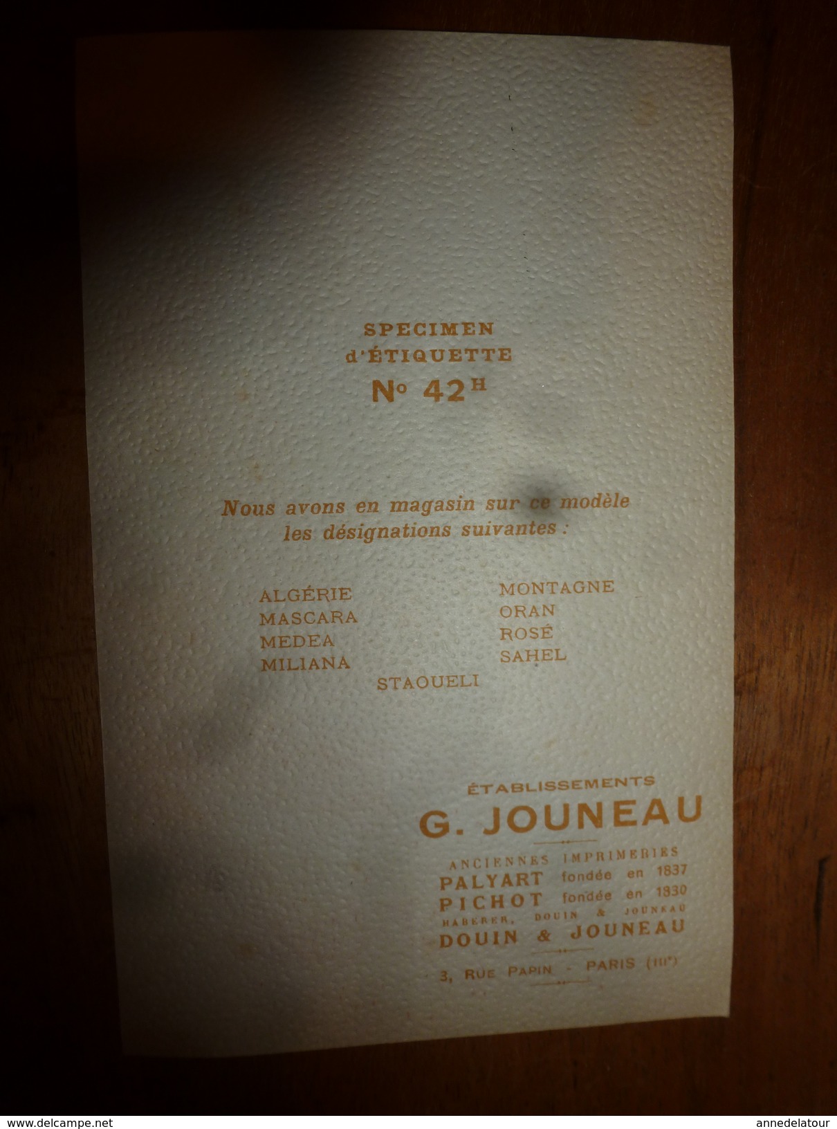 1920 ? Spécimen étiquette De Vin  STAOUELI ,   N° 42H, Déposé,  Imprimerie G.Jouneau  3 Rue Papin à Paris - Autres & Non Classés