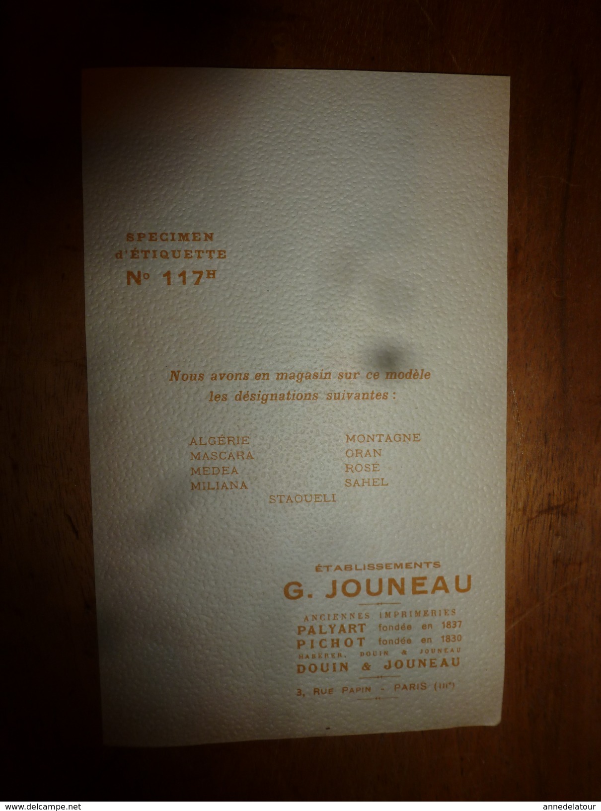 1920 ? Spécimen étiquette De Vin  ALGERIE ,   N° 117H, Déposé,  Imprimerie G.Jouneau  3 Rue Papin à Paris - Corps Humain