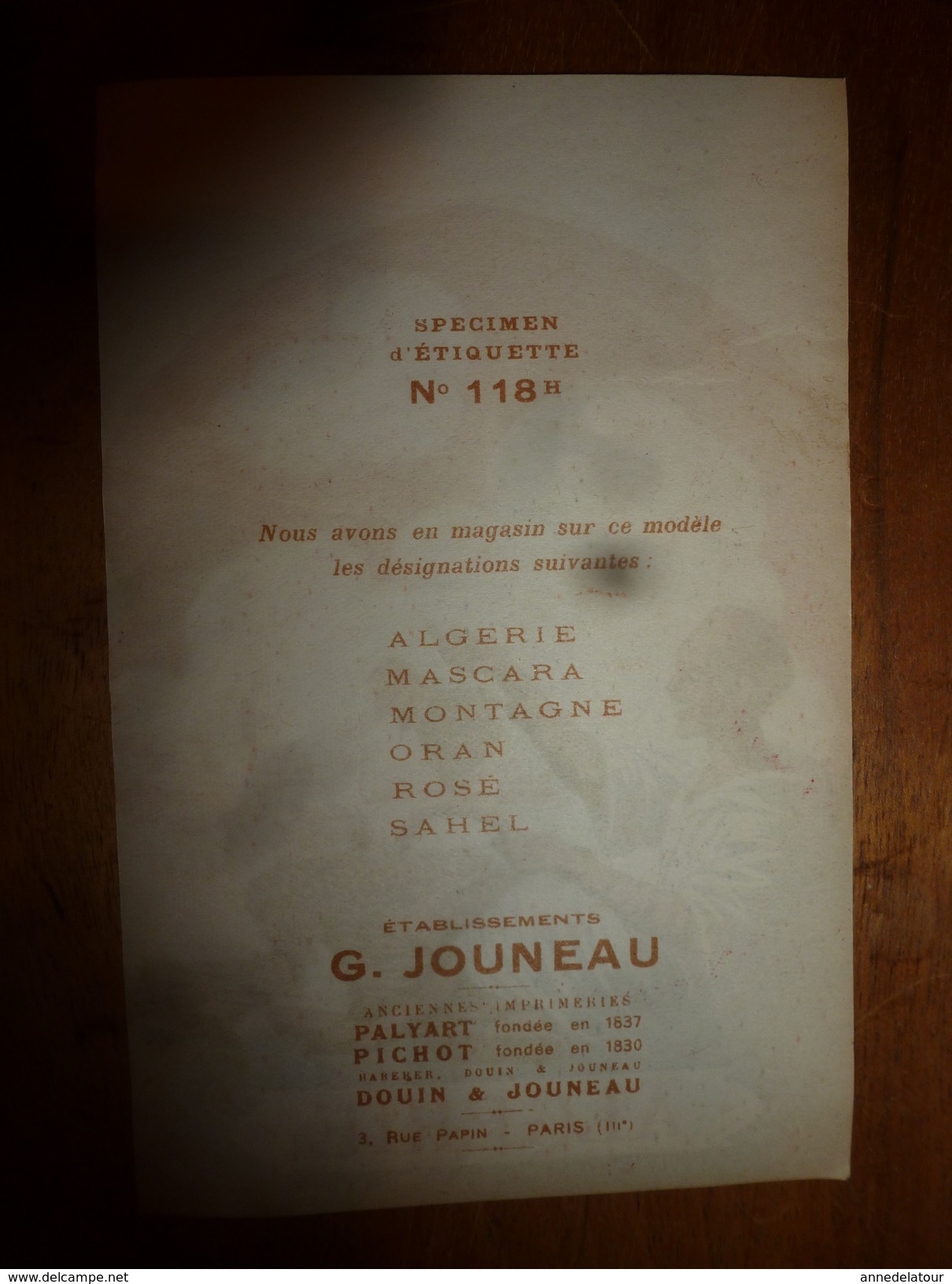 1920 ? Spécimen étiquette De Vin  ALGERIE ,   N° 117H, Déposé,  Imprimerie G.Jouneau  3 Rue Papin à Paris - Autres & Non Classés