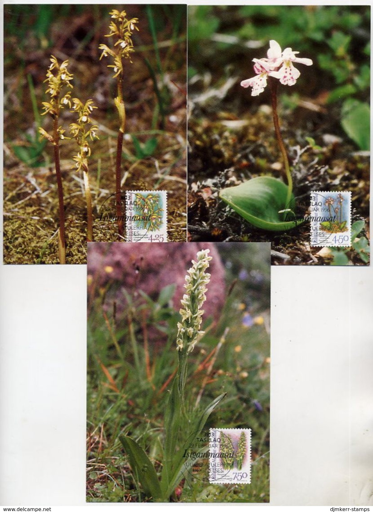 GREENLAND 1996 Arctic Orchids II On Maximum Cards.  Michel 284-86 - Maximum Cards