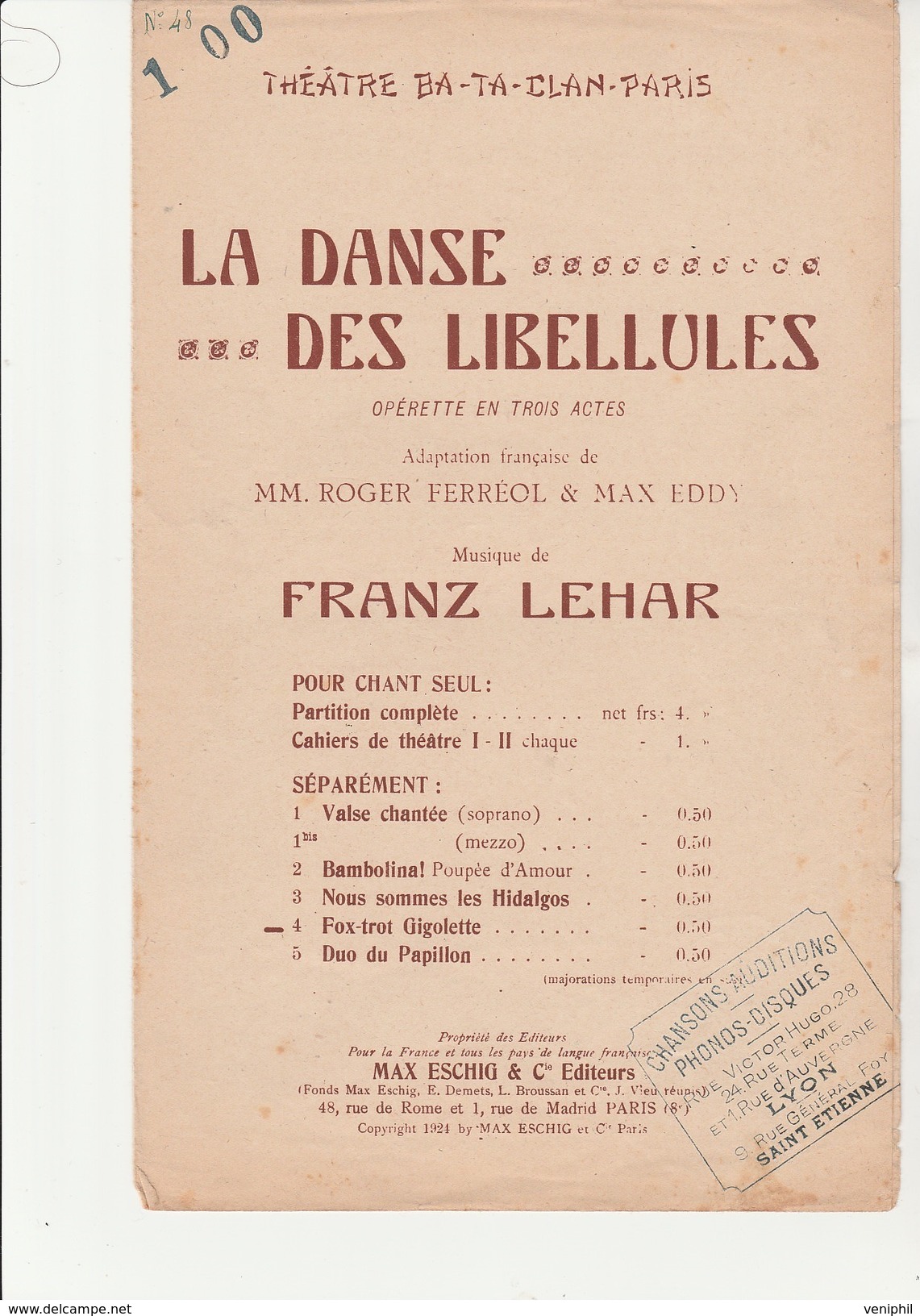 PARTITION " LA DANSE DES LIBELLULES "OPERETTE  -THEATRE DU BATACLAN PARIS - 1924 - Partitions Musicales Anciennes