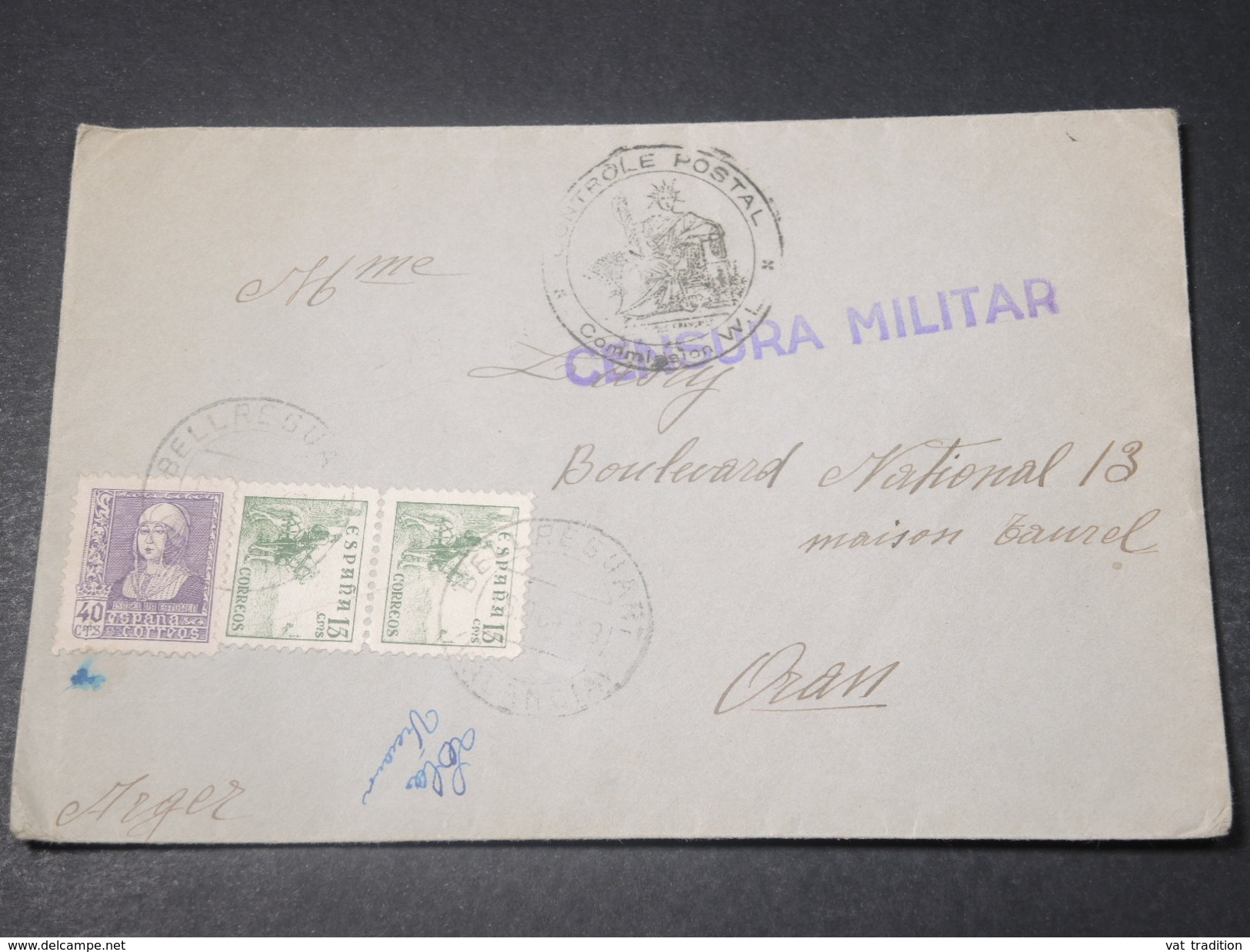 ESPAGNE - Enveloppe De Bellreguart Pour Oran En 1939 Avec Censure - L 11367 - Republicans Censor Marks