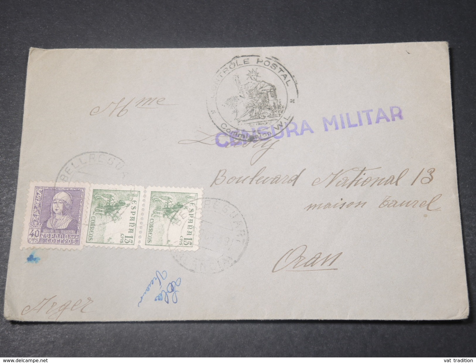 ESPAGNE - Enveloppe De Bellreguart Pour Oran En 1939 Avec Censure - L 11367 - Republikeinse Censuur