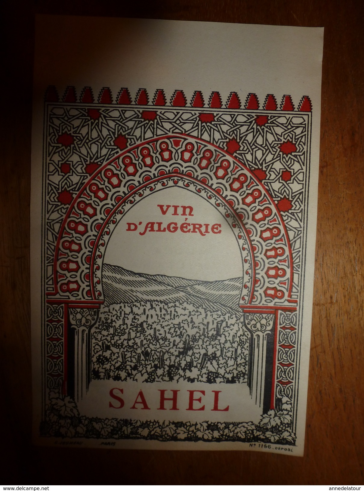 1920 ? Spécimen étiquette De Vin  D'ALGERIE - SAHEL,   N° 1166, Déposé,  Imprimerie G.Jouneau  3 Rue Papin à Paris - Architektur