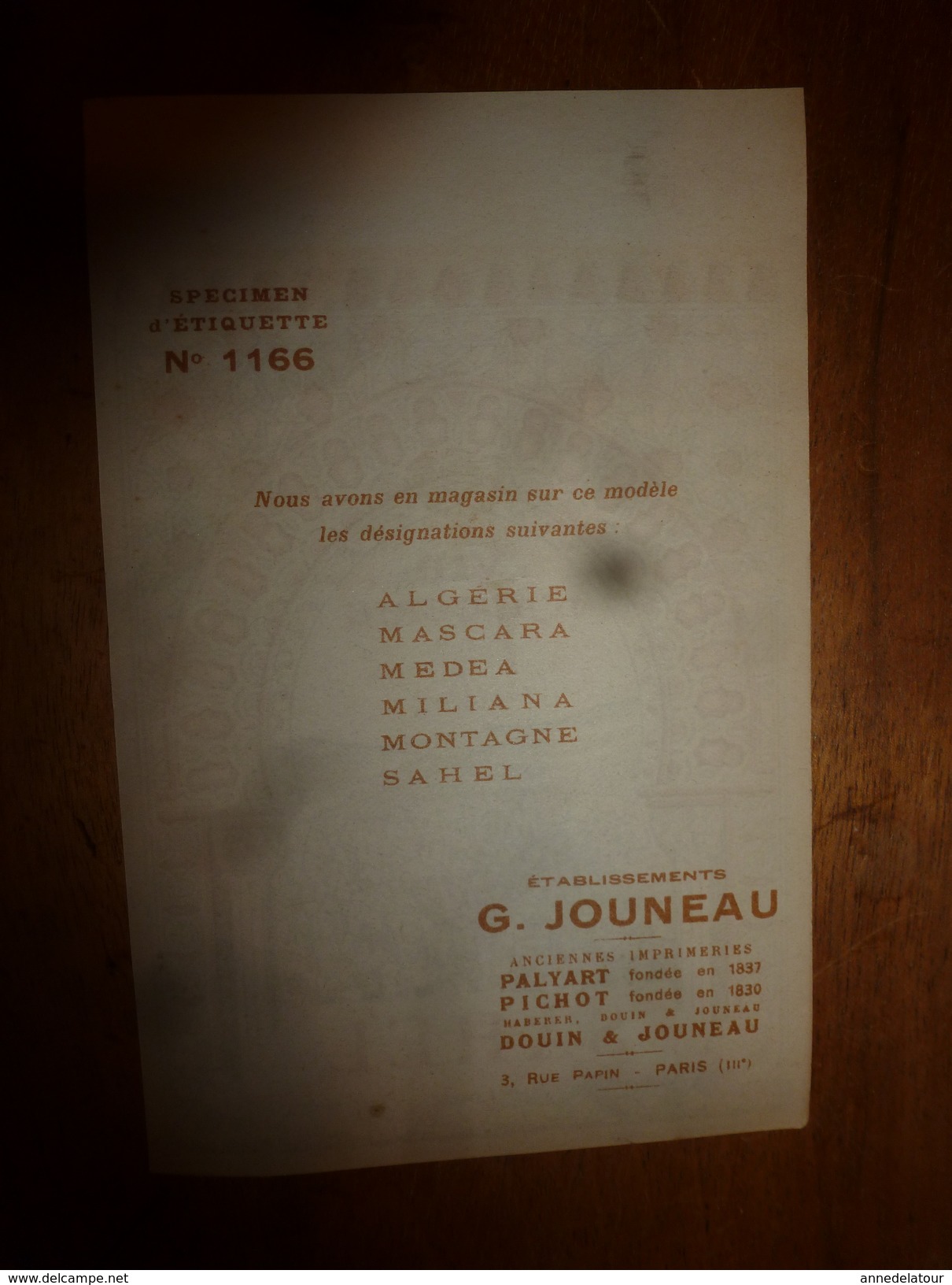 1920 ? Spécimen étiquette De Vin  D'ALGERIE - SAHEL,   N° 1166, Déposé,  Imprimerie G.Jouneau  3 Rue Papin à Paris - Arquitectura